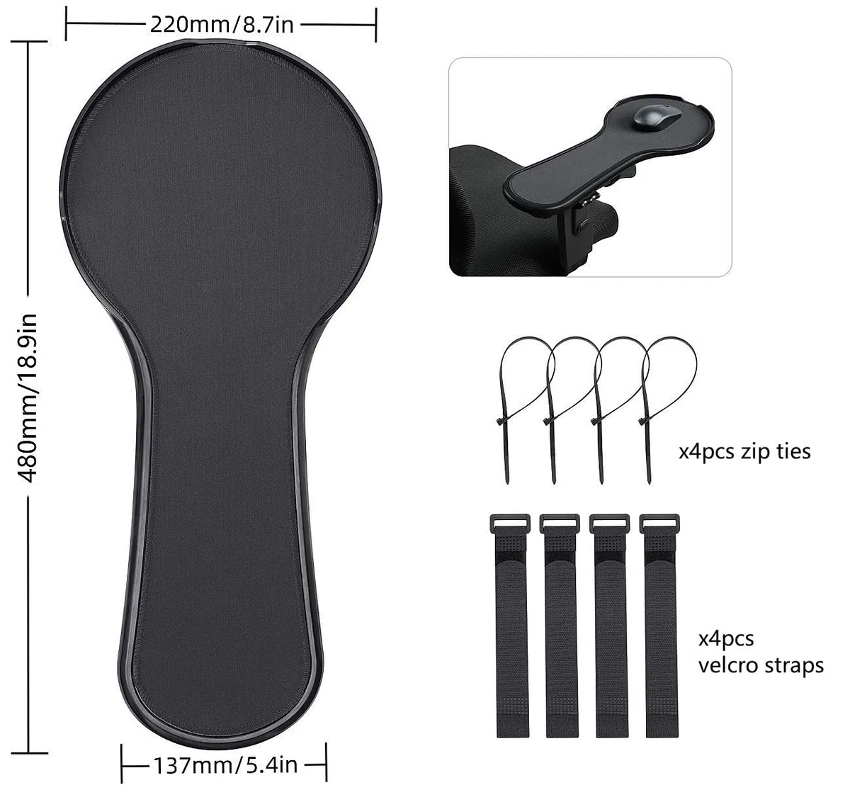 Reposabrazos ergonómico Ajustable para Silla, Bandeja de Plataforma de extensión de Mouse con Deflector de Mouse para Evitar caídas, se Fija a la Silla, Color Negro