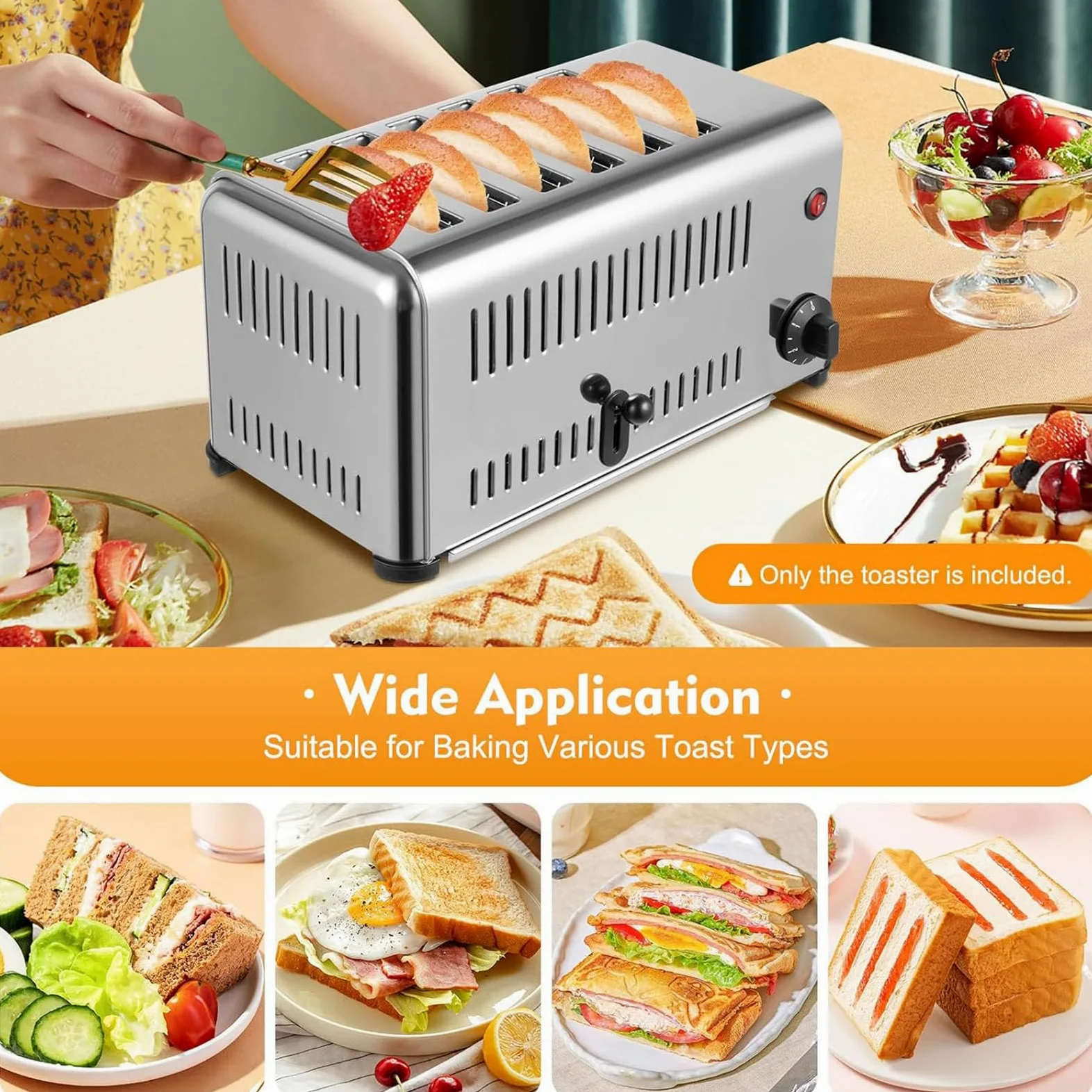 Tostadora Comercial de 2240 W, Tostadora de 6 Rebanadas, Tostadora Mejorada de Acero Inoxidable, Máquina para Hornear Pan Comercial, con Ranuras Anchas y Bandeja para Migas Extraíble