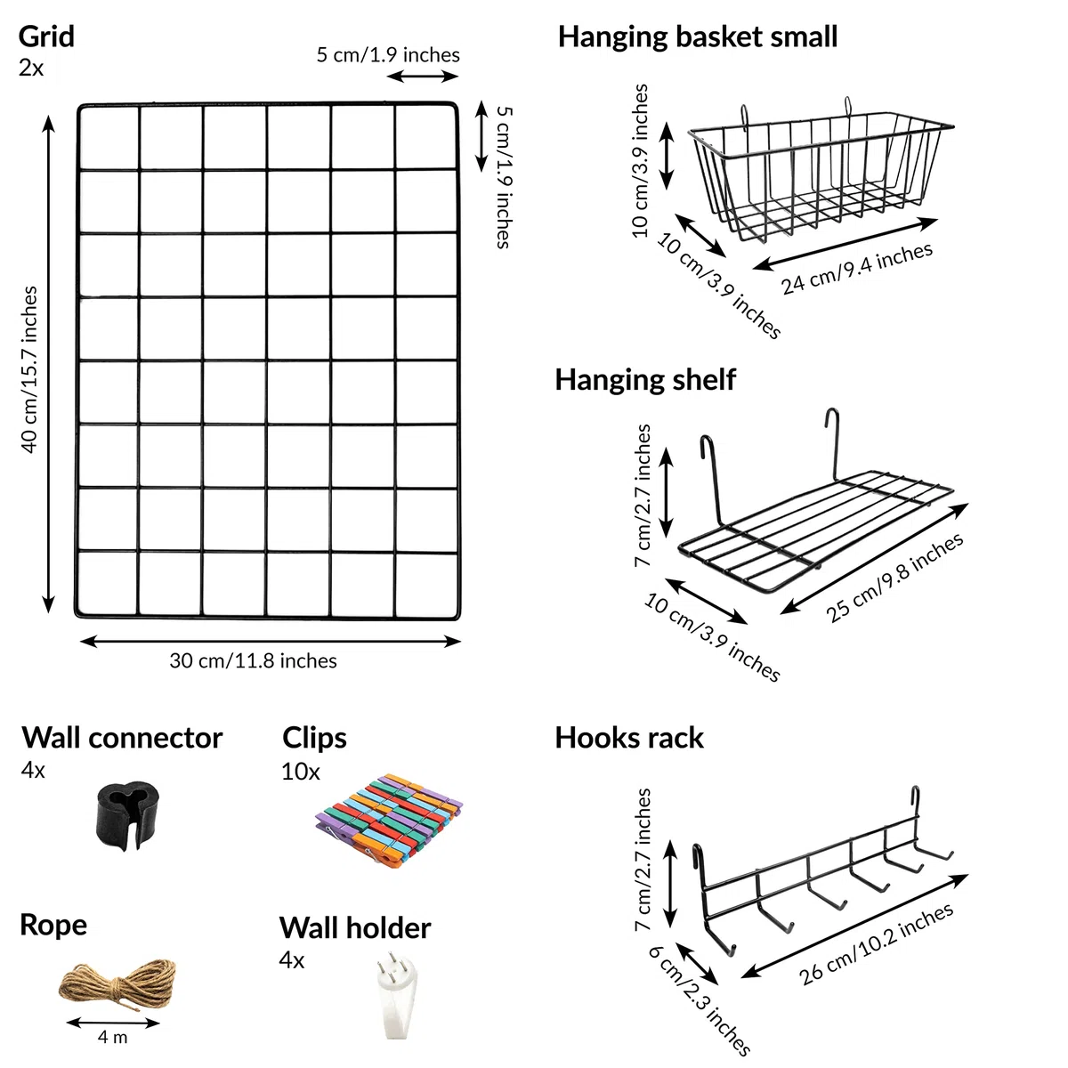 ODOXIA Juego de 2 Paneles de Rejilla Decoracion Pared con Accesorios | Incluye Cestas para Colgar, Ordenador de Cartas, Estante y Percheros | Decoración para Colgar en Casa, Oficina y Cocina