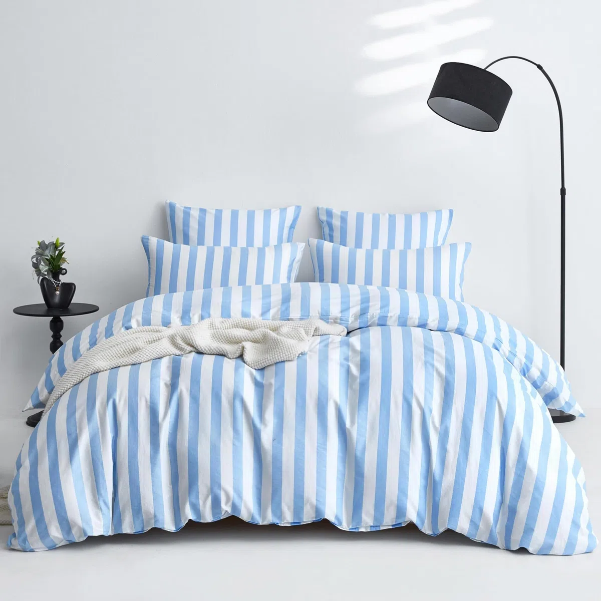 Funda nórdica de 200 x 200 cm, algodón, color azul claro y blanco a rayas, juego de cama de 200 x 200 cm, algodón, estilo moderno, suave, transpirable, ropa de cama para 2 personas, con