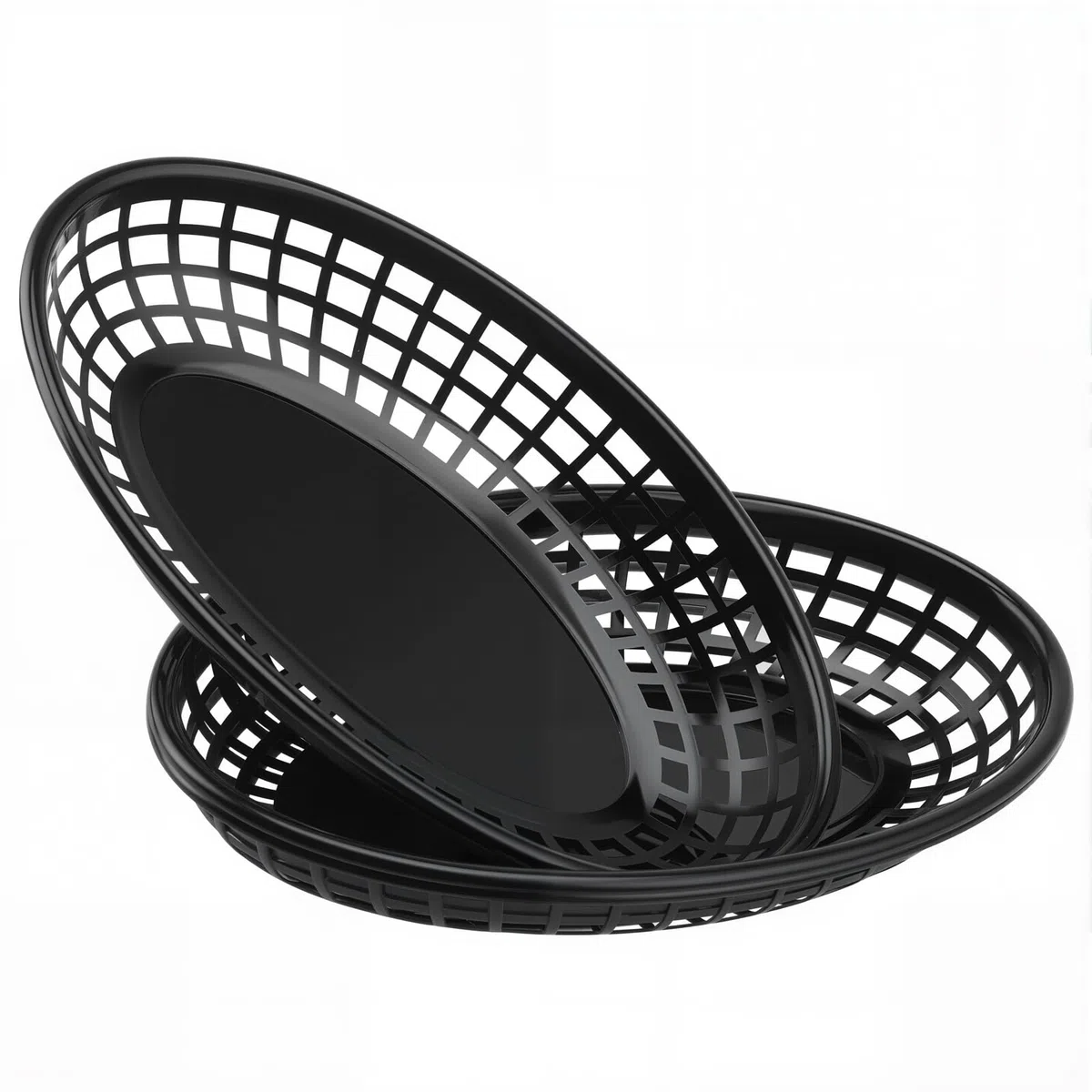 JAPCHET 50 cestas ovaladas de plástico reutilizables para comida rápida - Para servir hamburguesas, sándwiches, papas fritas - Ideales para picnics, barbacoas, fiestas - Negro, 24 x 15,5 x 4,7 cm
