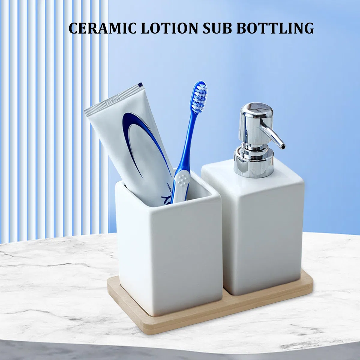 Juego de accesorios de baño blancos, juego de baño de cerámica de 3 piezas, accesorios de baño de lujo, incluye dispensador de jabón líquido de 320 ml, vaso de baño, bandeja de madera, kit de
