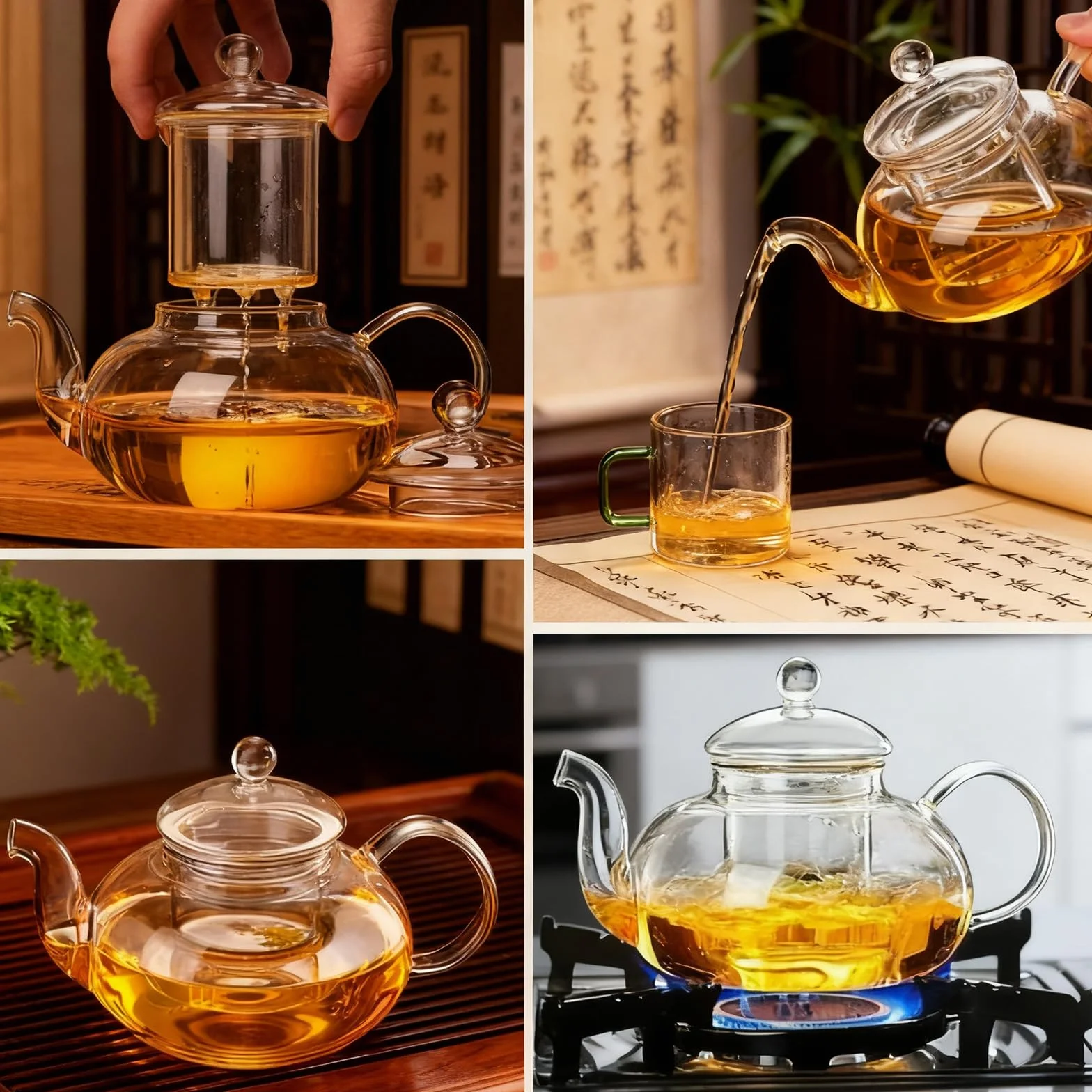 Tetera de cristal de 1000 ml con calentador negro de acero inoxidable, tetera de cristal con colador de cristal y tapa, ideal para preparar té suelto, adecuada para el hogar y la oficina