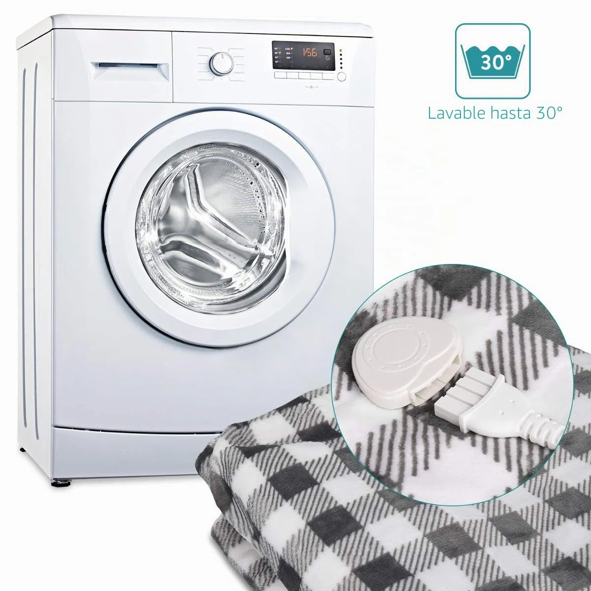 Navaris Manta eléctrica para Hombros Cuello y Brazos - Poncho eléctrico con Forma de U y Mando - Manta térmica Lavable - En Blanco Negro y Gris