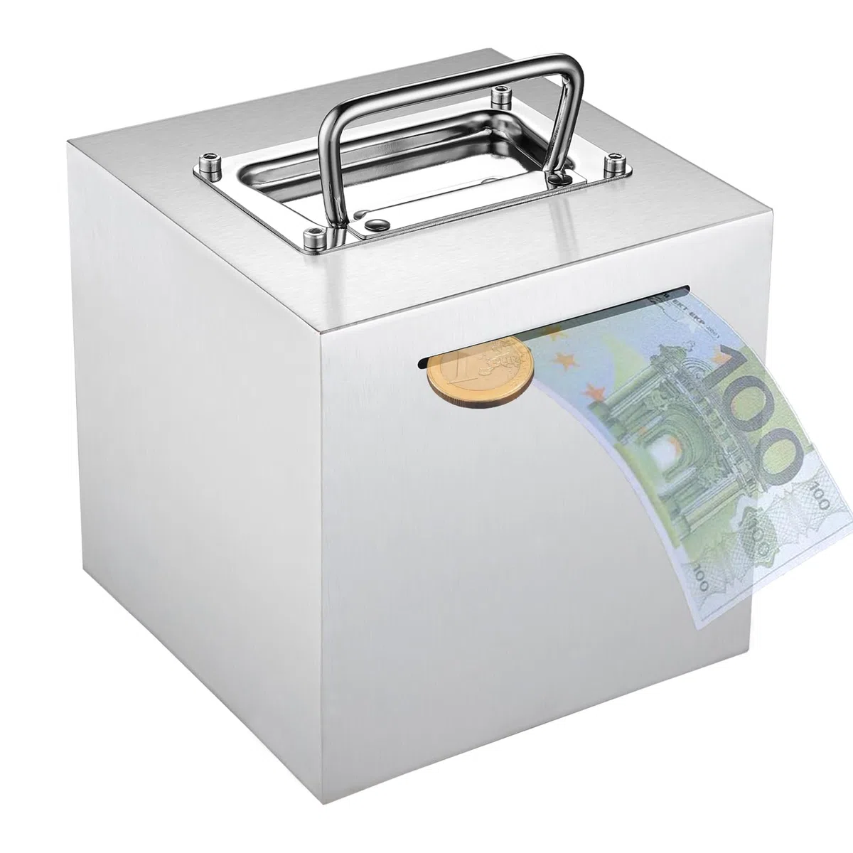 Hucha para Adultos de Acero Inoxidable,Safe Piggy Bank,Caja de Ahorros para Niños,Bank Box con Mango Difícil de Abrir,Caja de Ahorro de Monedas en Efectivo,(Plata 15x15x15cm)