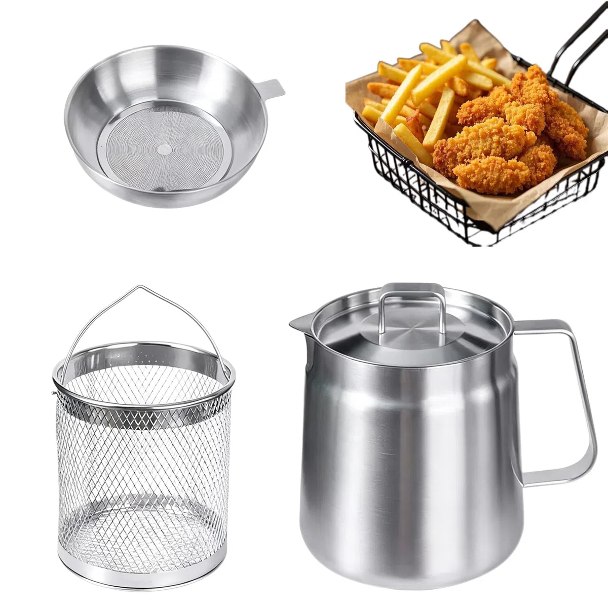 Recipiente Filtrante de Grasa 2L en Acero Inoxidable 304 con Colador de Malla Fina, Cesta de Freír y Tapa Antipolvo, Multiuso Aceite Filtrante para Freír, Cocinar y Guardar Aceite