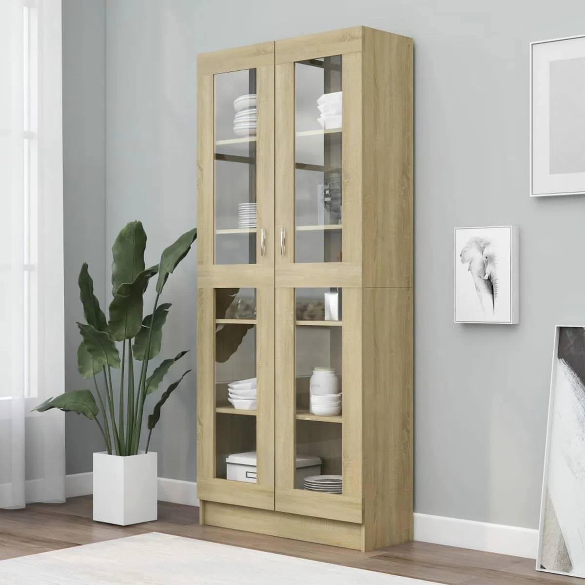 Homgoday Vitrina de Cristal, Vitrina de Salón Aparador,Aparador Cocina, Oficina Archivador, con 5 Estantes 2 Puertas de Vidrio 82,5x30,5x185,5 cm Roble Sonoma