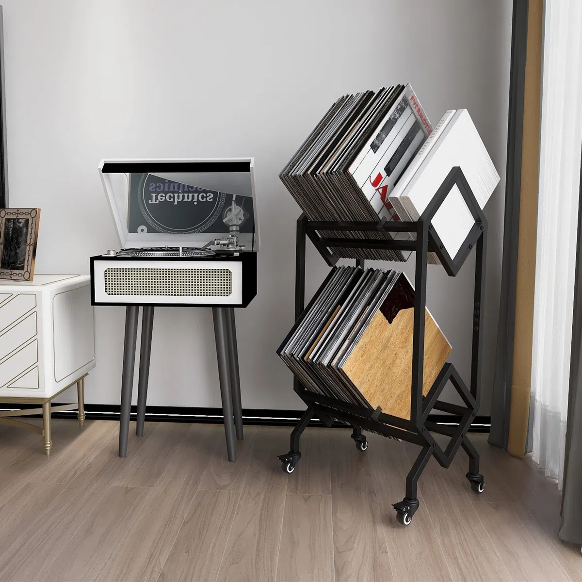 VEDECASA Soporte de almacenamiento de discos de vinilo para DJ, soporte de exhibición de almacenamiento LP con ruedas, fácil de mover, organizador de archivos de oficina, estante