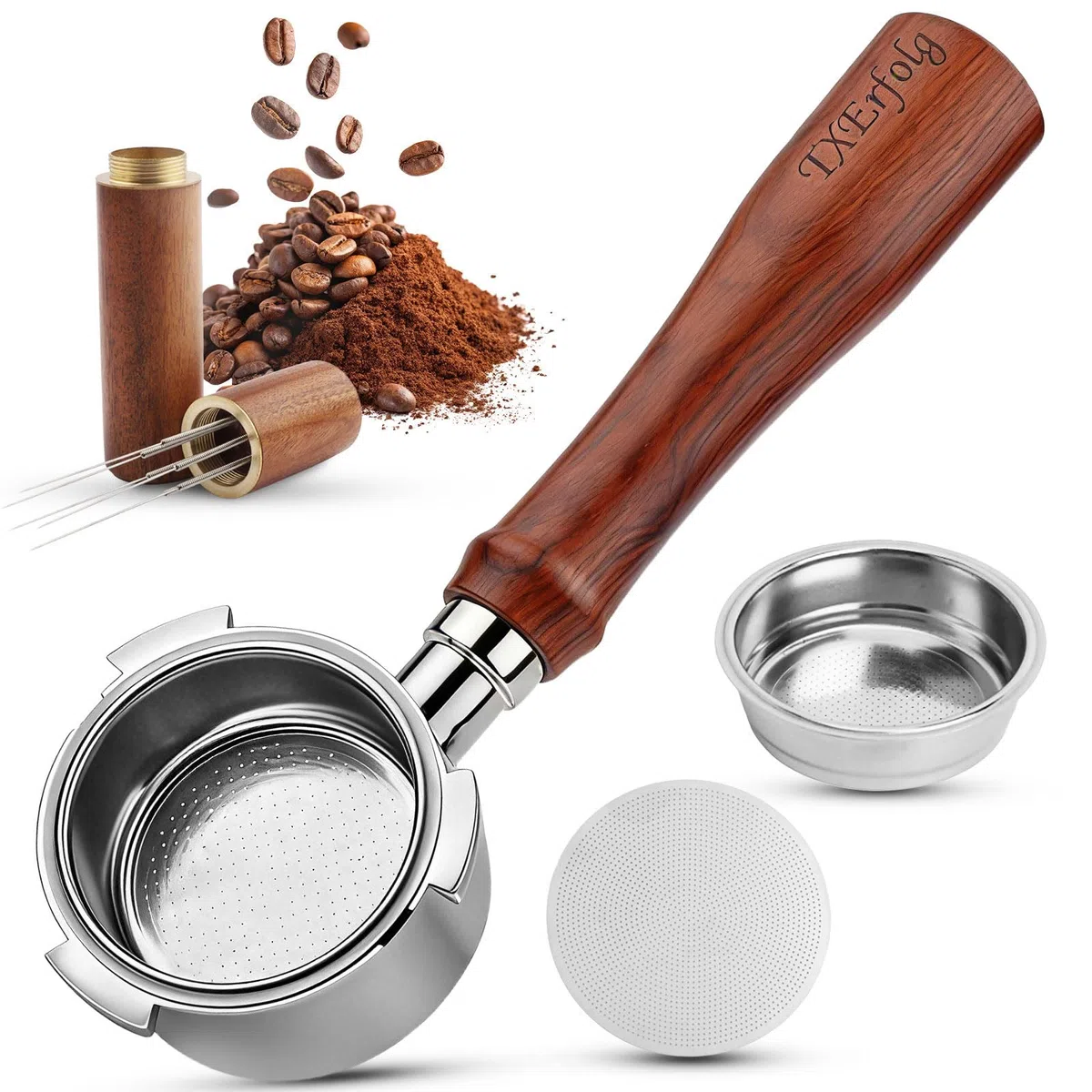 Portafiltro sin Fondo de 51 mm con 3 orejas, Compatible con DeLonghi Dedica EC680/EC685, SMEG y EUPA, Mango de madera de nogal con cesta de acero inoxidable, distribuidor de agujas