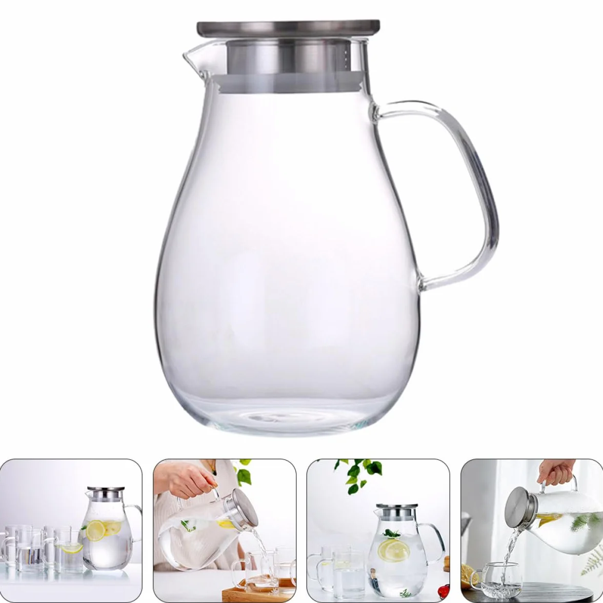 SHINEOFI Jarra de Agua de Vidrio de 2000 Ml Tapa Antigoteo Hervidor de Bebidas Multiusos Hogar Botella Práctica para Jugo y Agua Fría