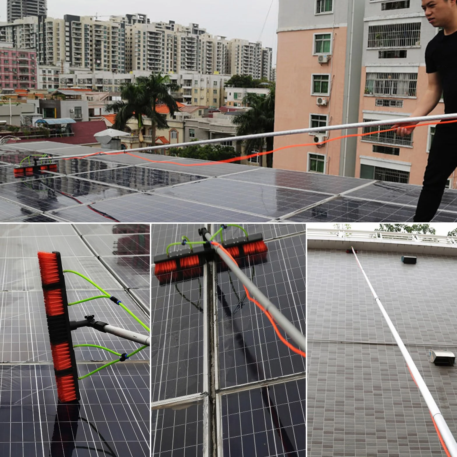 Cepillo Extensible de 5 a 12 m para la Limpieza de Paneles solares con Mango telescópico con Suministro de Agua y Cabezal de Cepillo de 35/55 cm para una Limpieza eficaz de Ventana