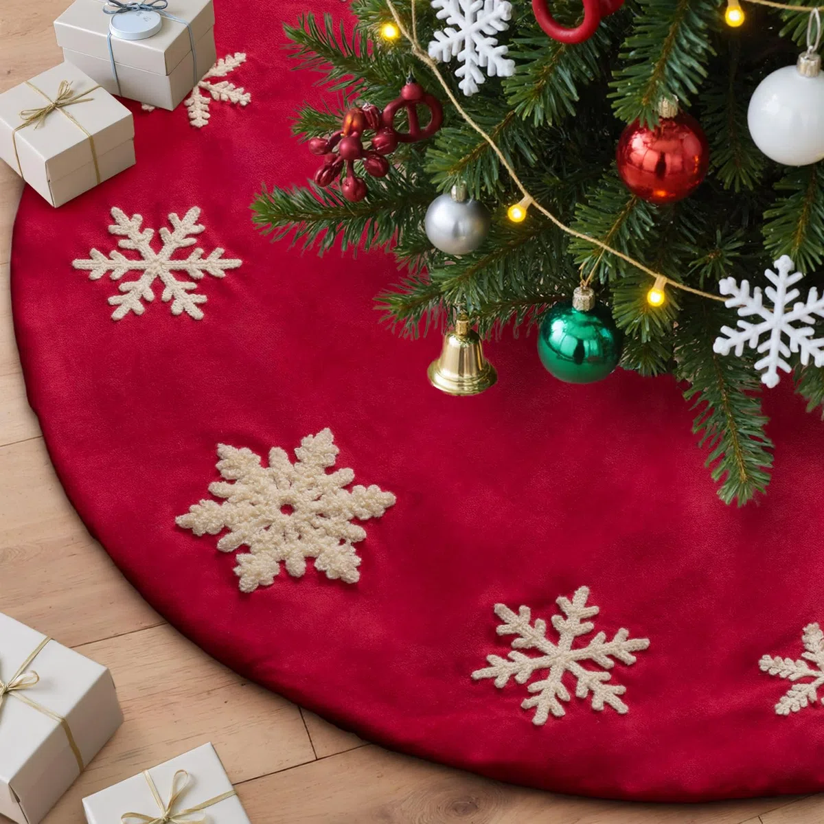 Lanpn Falda Cubre Pie para Arbol de Navidad de 90cm, Grande Terciopelo Copo de Nieve Redondas, Cubiertas para Base Alfombra para Decoración Navideña de Interiores (Rojo)