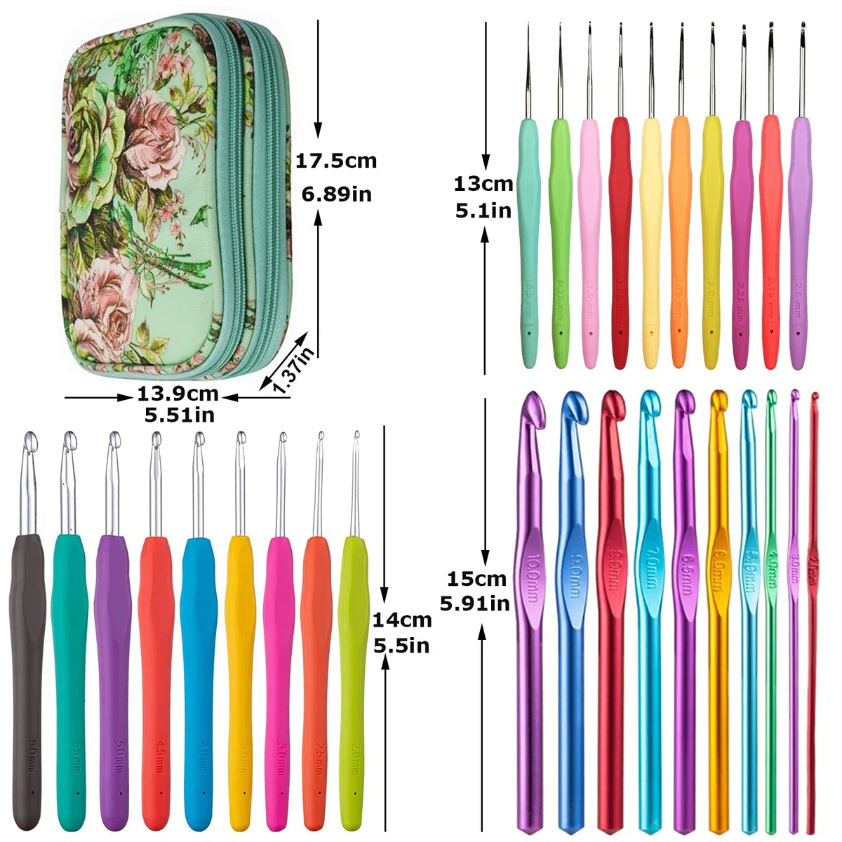 Juego de 100 agujas de ganchillo en estuche, mango ergonómico de agarre suave, kit de agujas de tejer y accesorios de aguja de ganchillo, juego completo para principiantes y amantes experimentados