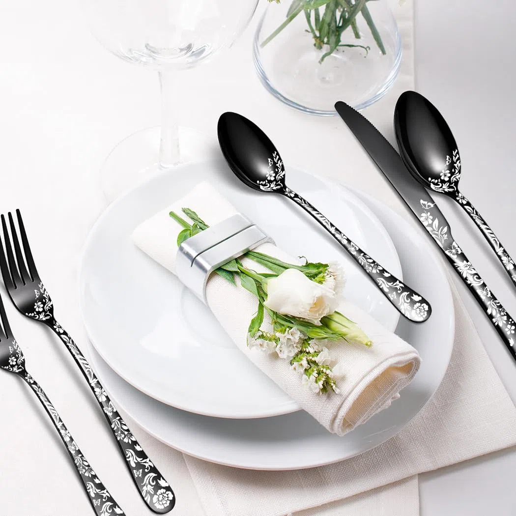 XIAOYU Juego de cubiertos negros de 40 piezas, de acero inoxidable apto para uso alimentario, para 8 personas, con diseño de mariposas y flores, ideal para restaurantes y hogar