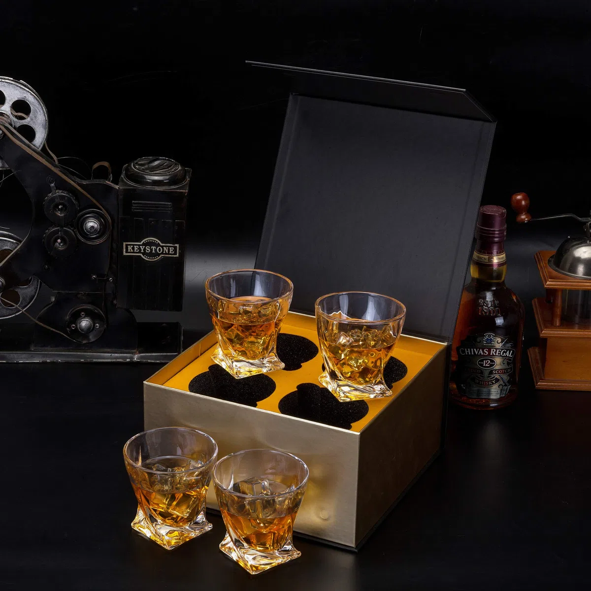 KANARS Vasos de Whisky, Copas de Whiskey Cristal para Bourbon, Scotch, Martini, Coñac, 300 ml, 4 Piezas, Caja de Regalo de Lujo