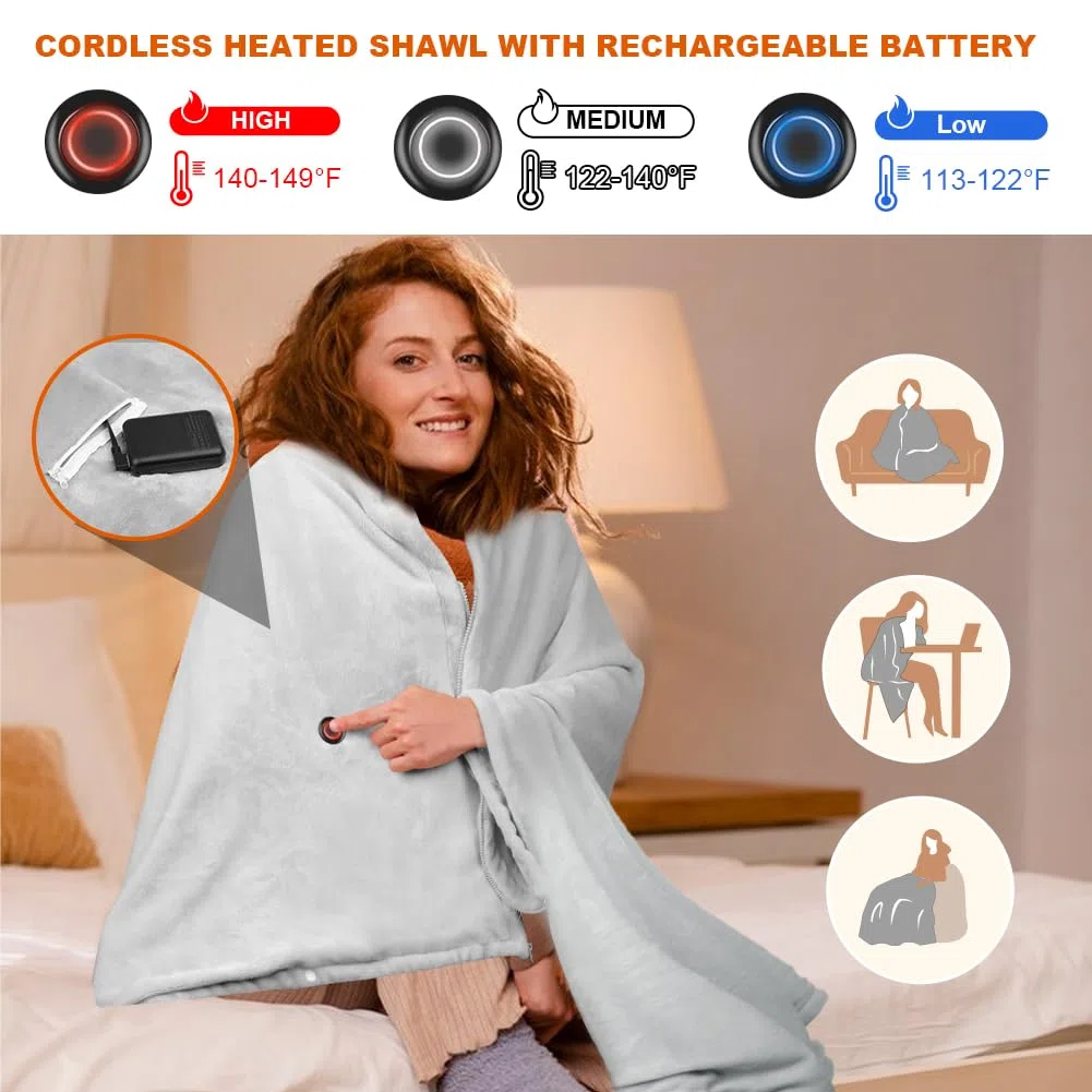 Manta eléctrica, manta eléctrica inalámbrica con batería de 10000 mAh, manta eléctrica portátil con franela suave (gris) ll, cojín térmico para espalda, cuello y hombros (gris A)