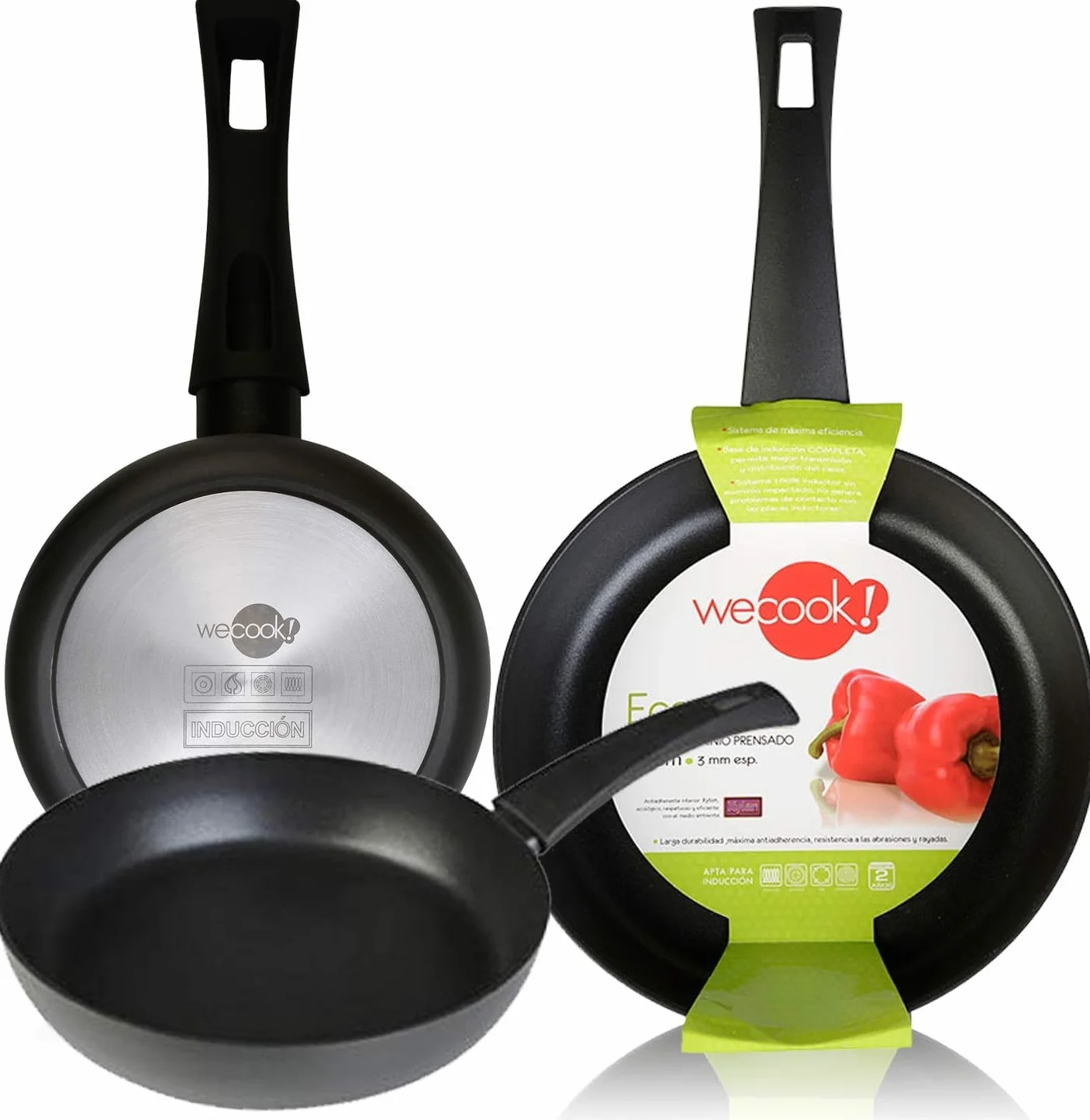 Wecook! Ecogreen Juego de Sartenes Antiadherentes Set de 3 sartenes 20-24-28 cm de Aluminio Prensado – Apta para todas las cocinas Inducción, Gas y Vitrocerámica, libre PFOA, Mango Soft Touch, Negro