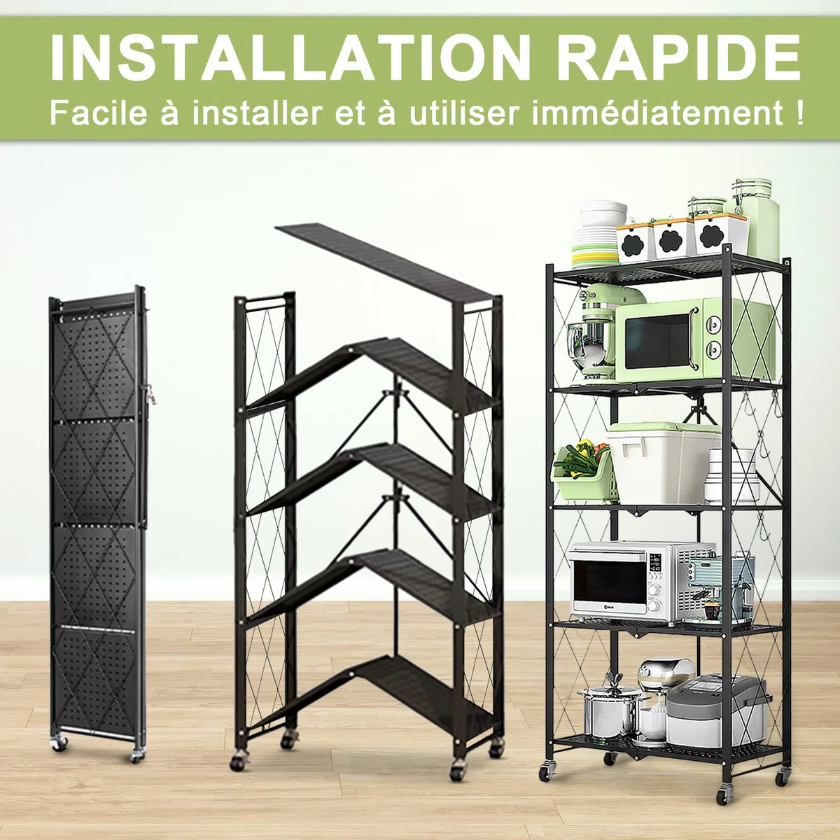 Carro de almacenamiento (5 niveles, plegable, con ruedas, 71 x 34 x 159 cm, estante de metal, estante de almacenamiento, negro para cocina, baño, sala de estar, oficina (5 niveles)