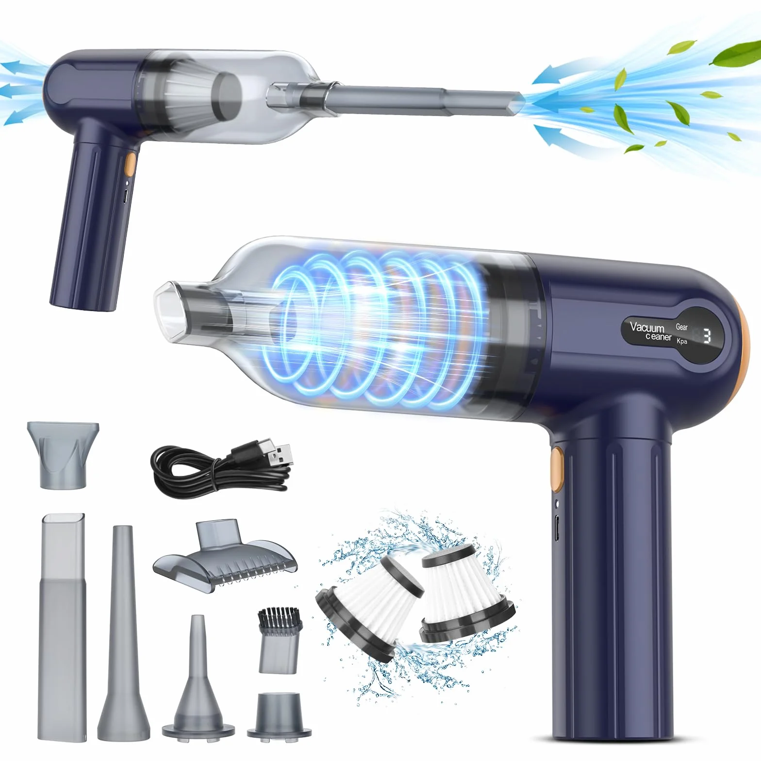 Aspiradora de mano para coche, potente aspiradora de 15000 Pa, inalámbrica, 3 en 1, aspiradora ligera y soplador, pantalla LED, mini limpiador recargable por USB para limpieza de coche, hogar y pelo