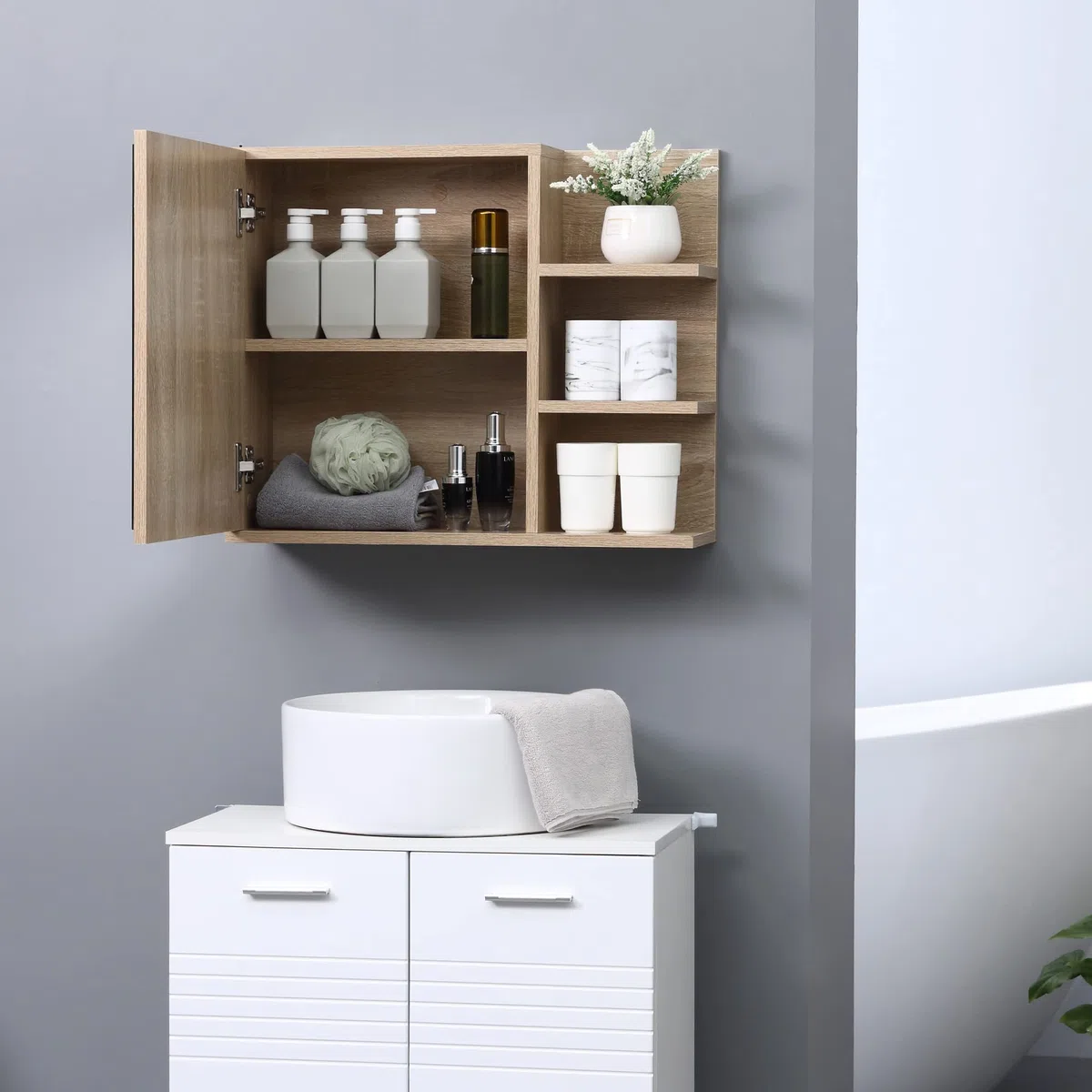 kleankin Armario de Baño con Espejo 3 Estantes Moderno 60x18x50 cm Natural | Armario con Espejo para Baño, Estantes Abiertos, 1 Estante Interior