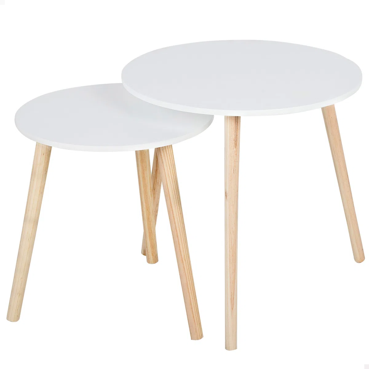 AKTIVE MAX Home Set de 2 mesas auxiliares, D40x44 cm y D50x50 cm, Peso máximo soportado 5kg, Nido, Blancas, Patas de Madera Natural, para salón, Comedor, Oficina (18510)