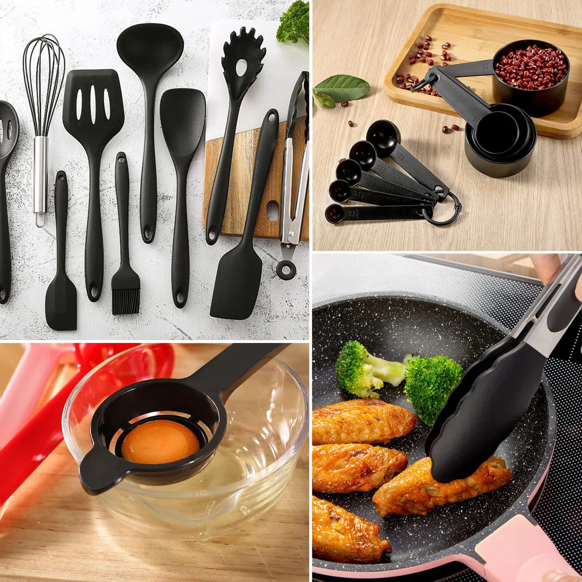 Utensilios Cocina de Silicona Antiadherente, 49 Piezas, Resistente al Calor, sin BPA, 5 Cucharas Medidoras y 20 Ganchos (Negro)