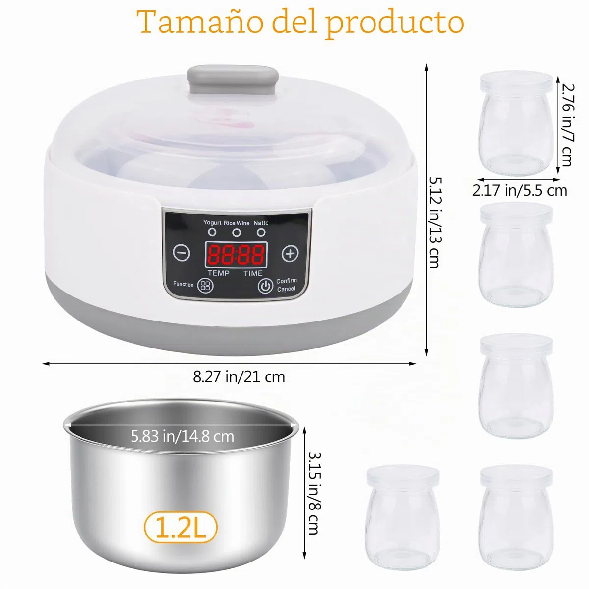 Euakee Yogurtera, Yogurtera Eléctricacon con 5 tarros de 100 ml de Capacidad, Termostato Regulable y Pantalla Digital, Ideales para la Preparación Casera de Yogur y Natto