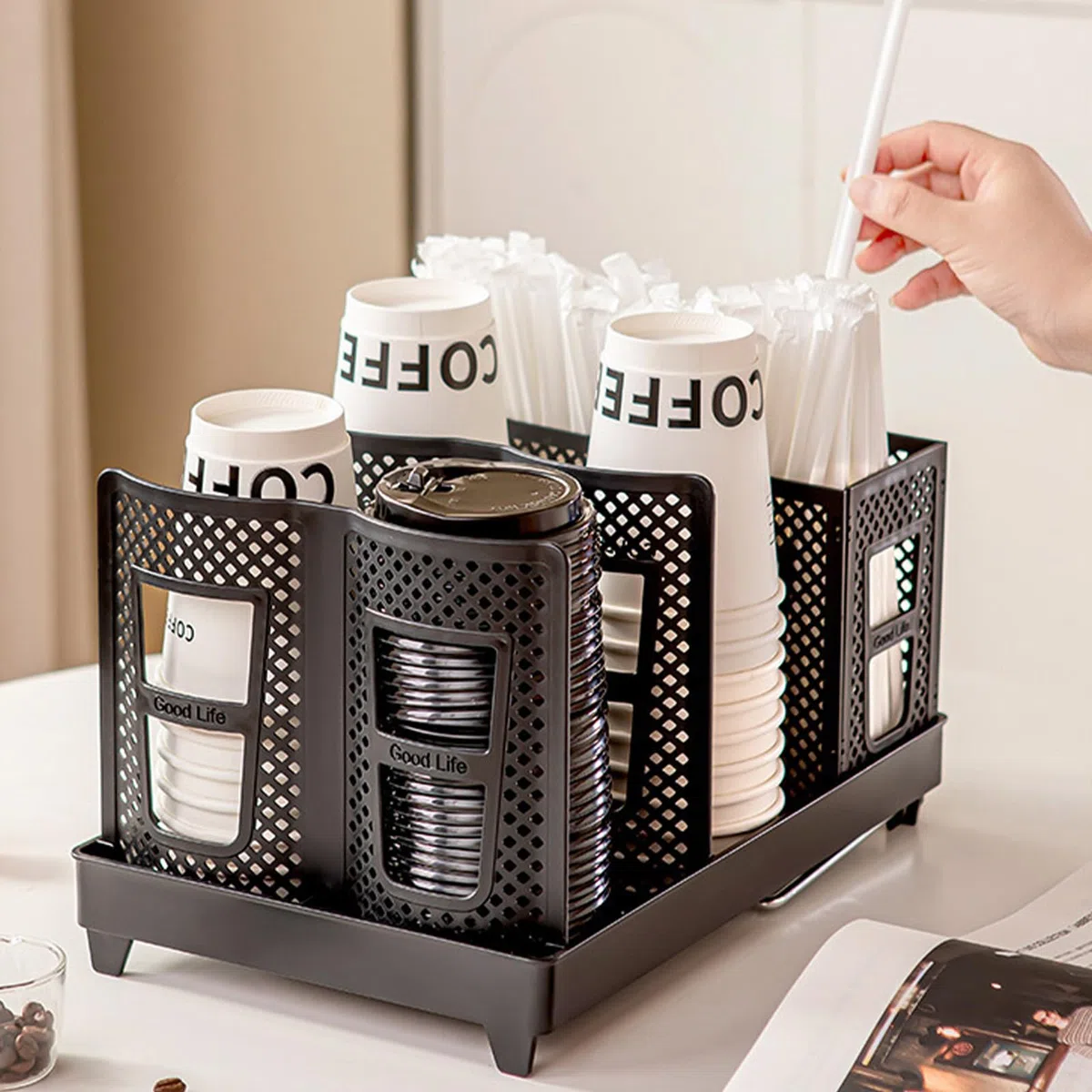 Organizador de tazas de café desechables, soporte para tazas y tapas con soporte, 6 compartimentos, organizador de vasos de papel, dispensador de vasos desechables para estación de café, oficina