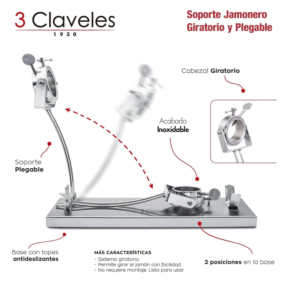 Juego Profesional de Soporte Jamonero Plegable en Acero Inoxidable y Cuchillos 3 Claveles, Funda y Chaira (TC01737K2)