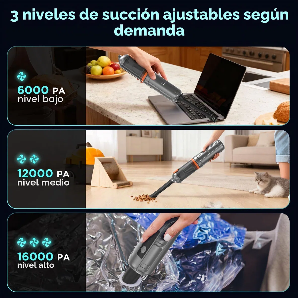 Aspirador de Mano 16000 PA Succión, 7 en 1 Ultra Potente Mini Aspiradora Coche sin Cable Potente Portátil Recargable con Motor sin Escobillas para Coche, Hogar, Oficina y Camping