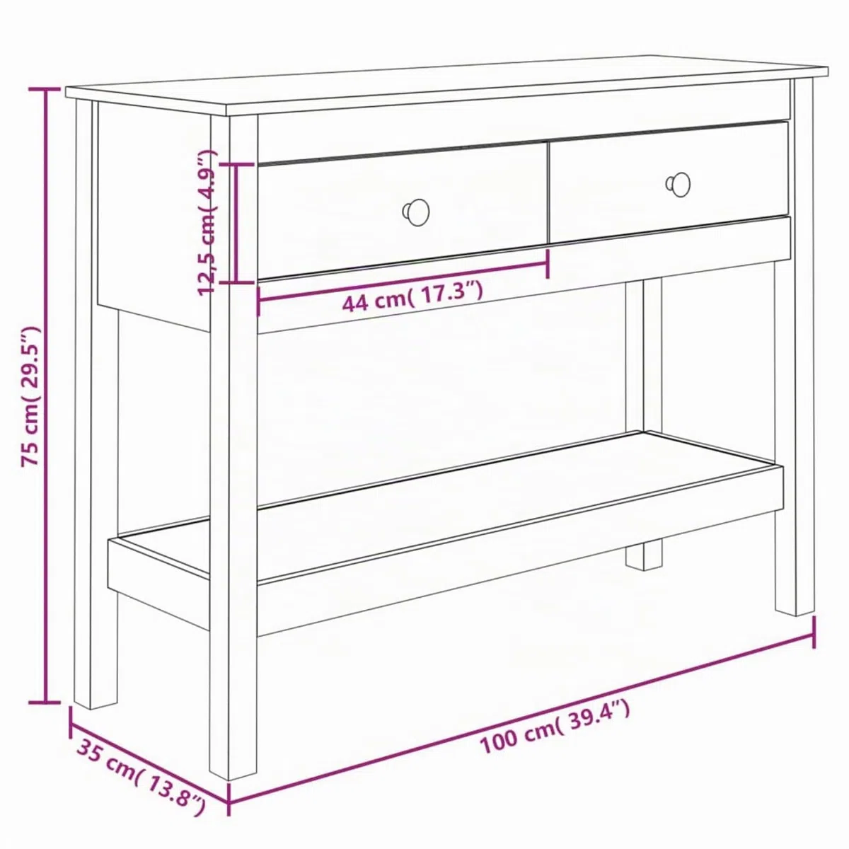 Homgoday Mesa Consola Recibidor Mueble de Entrada Estrecha Clásica Grande Mesa Auxiliar para Pasillo Comedor Mesa Consola de Madera Maciza de Pino Blanco 100x35x75 cm