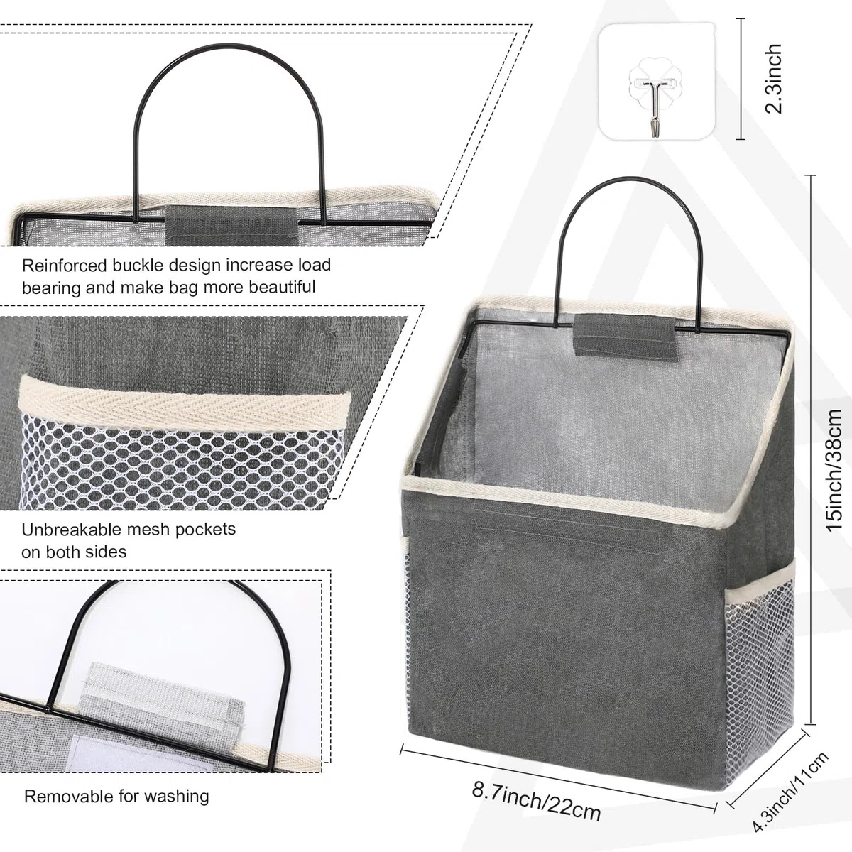 Woanger 12 bolsas de almacenamiento para colgar en la pared, bolsa organizadora para colgar en la puerta, armario, contenedores con ganchos para dormitorio, baño, 15 x 4.3 x 8.7 pulgadas (blanco, gris