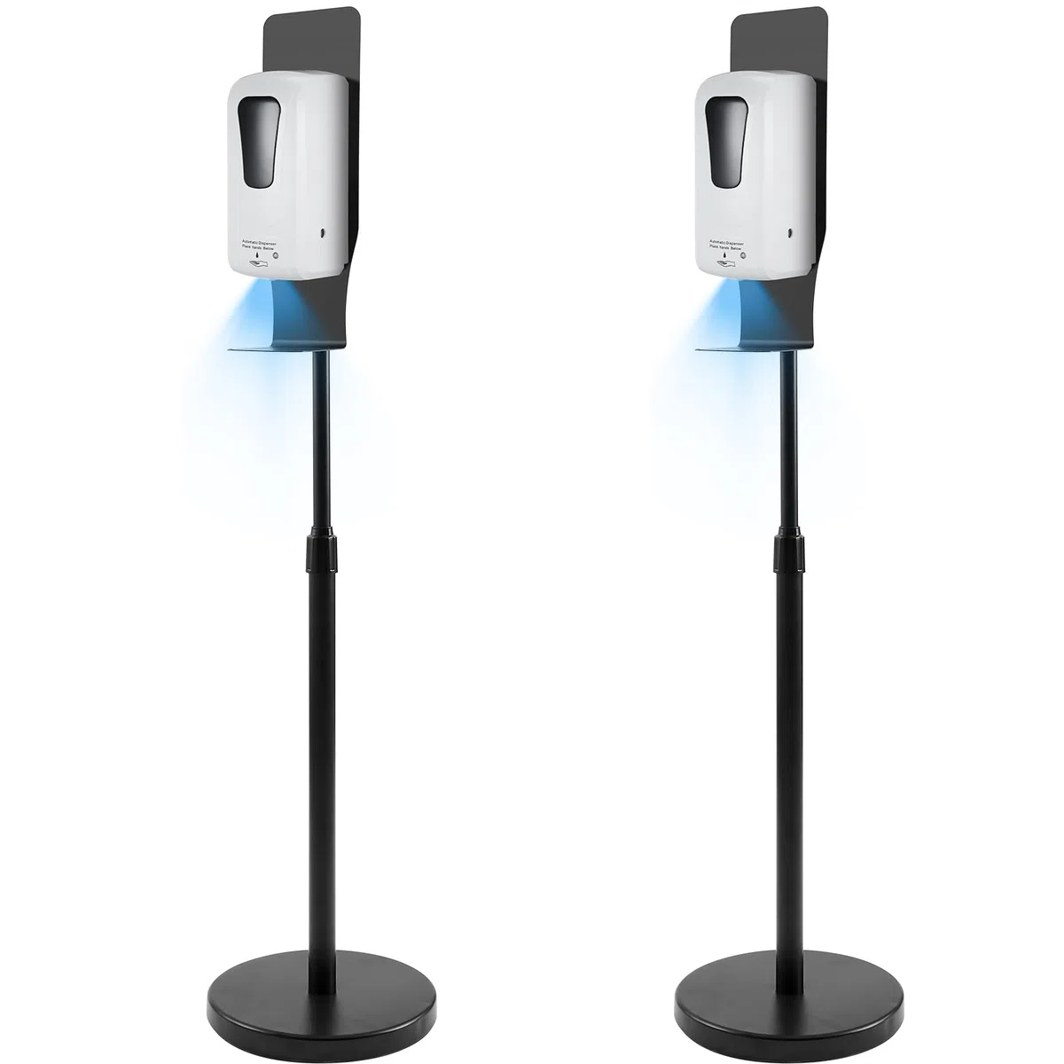 Blulu Paquete de 2 dispensadores automáticos de desinfectante de manos/jabón, dispensador de jabón con sensor automático sin contacto blanco y estación de desinfección de soporte negro con soporte de
