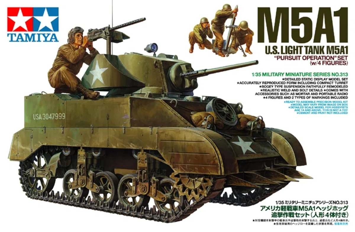 Tamiya 300035313 WWII US M5A1 Leicht Panzer - Tanque de la 2 Guerra Mundial en Miniatura con mortero y 4 Figuras (Escala 1:35)