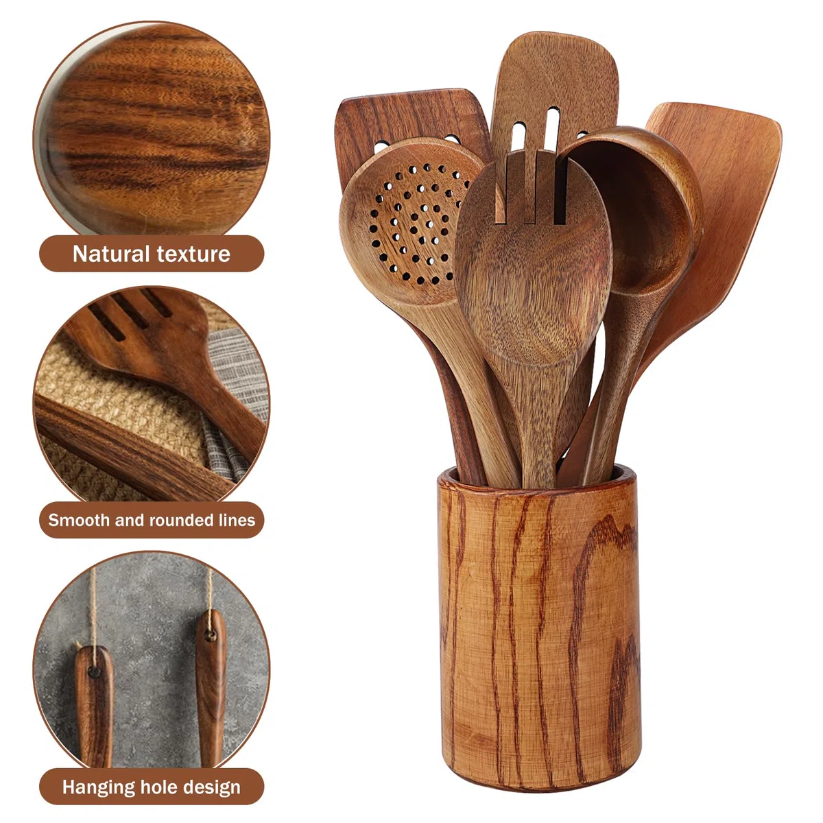 Utensilios de Cocina Madera de 7 Piezas,Madera de Teca,incluye un juego de Utensilios Cocina Madera,espátula de Madera,cuchara de Madera,Cucharón y Colador,adecuado para Sartenes antiadherentes