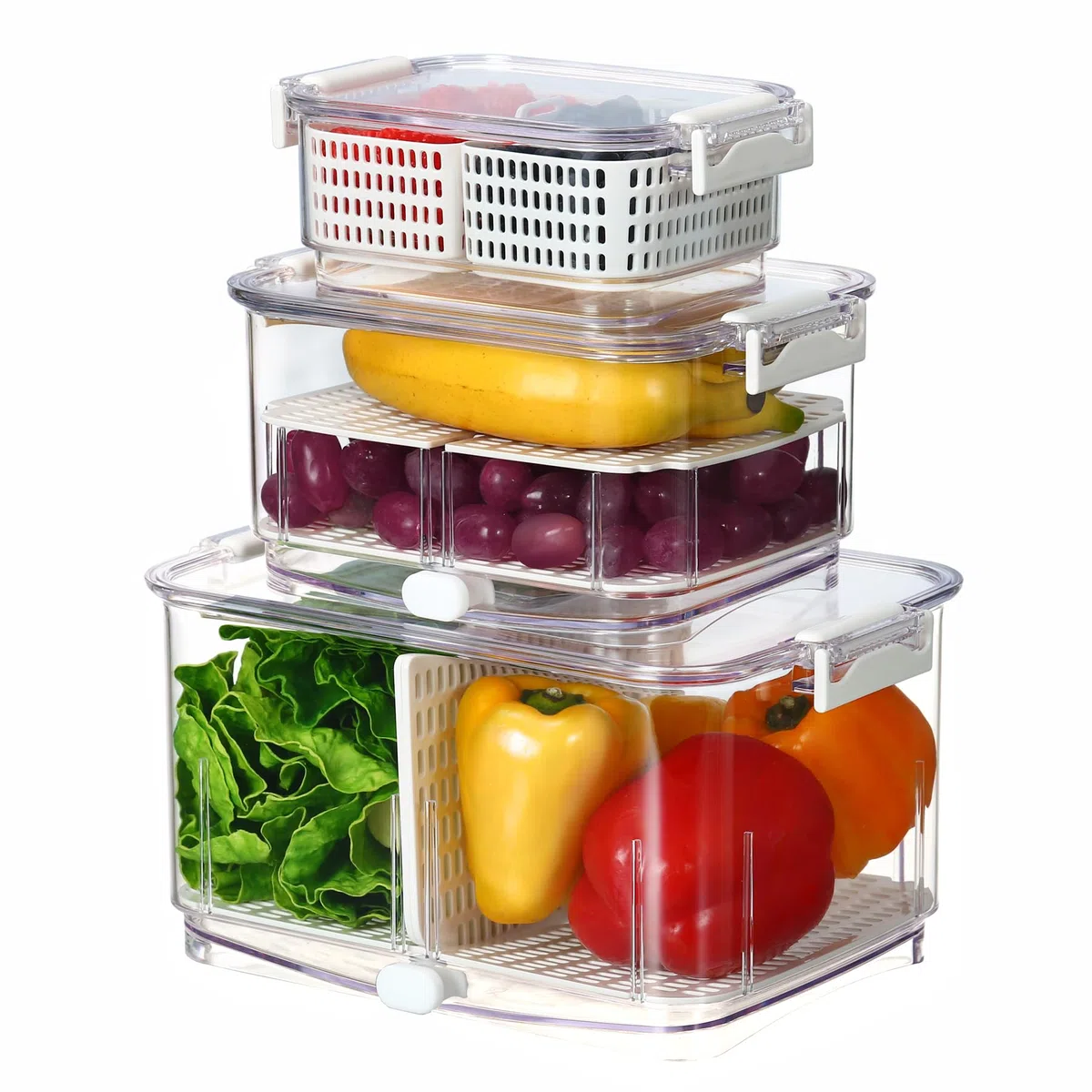 Felli Duo Fresh - Contenedor de frutas y verduras con ventilación y drenaje en la parte inferior para lavado, colador colador para refrigerador, recipiente de lechuga y bayas
