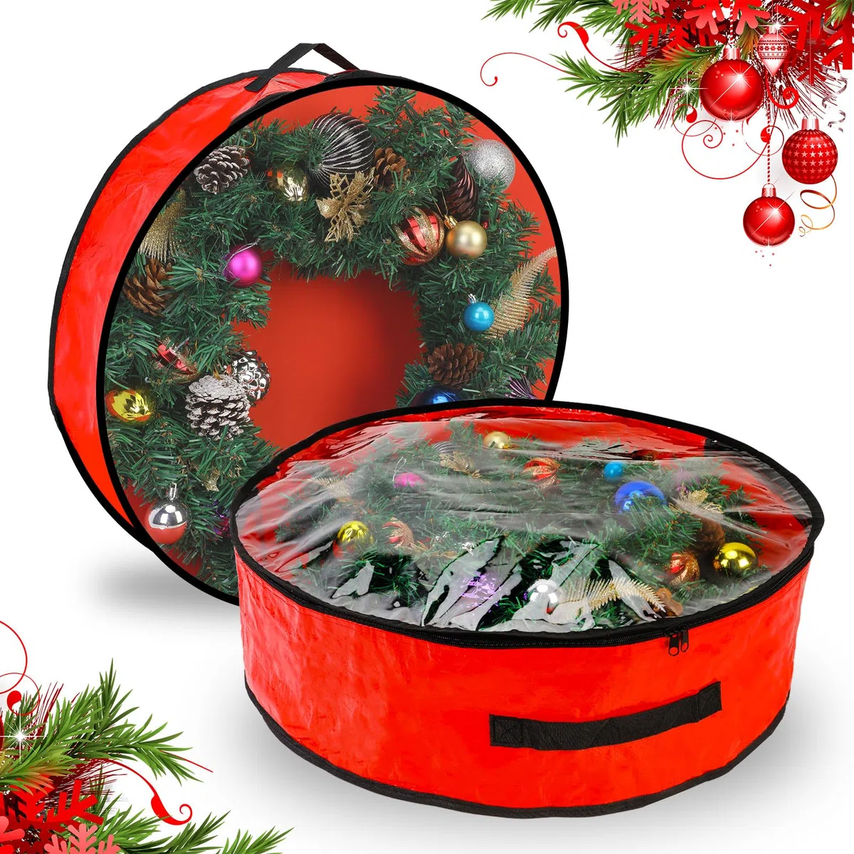 Pwsap 2 Paquetes Bolsa de Almacenamiento de Coronas Navideñas - 24 Pulgadas, Estuches de Guirnaldas de Coronas Navideñas Material Impermeable y Duradero con Cremallera Adornos Navideños, Rojo