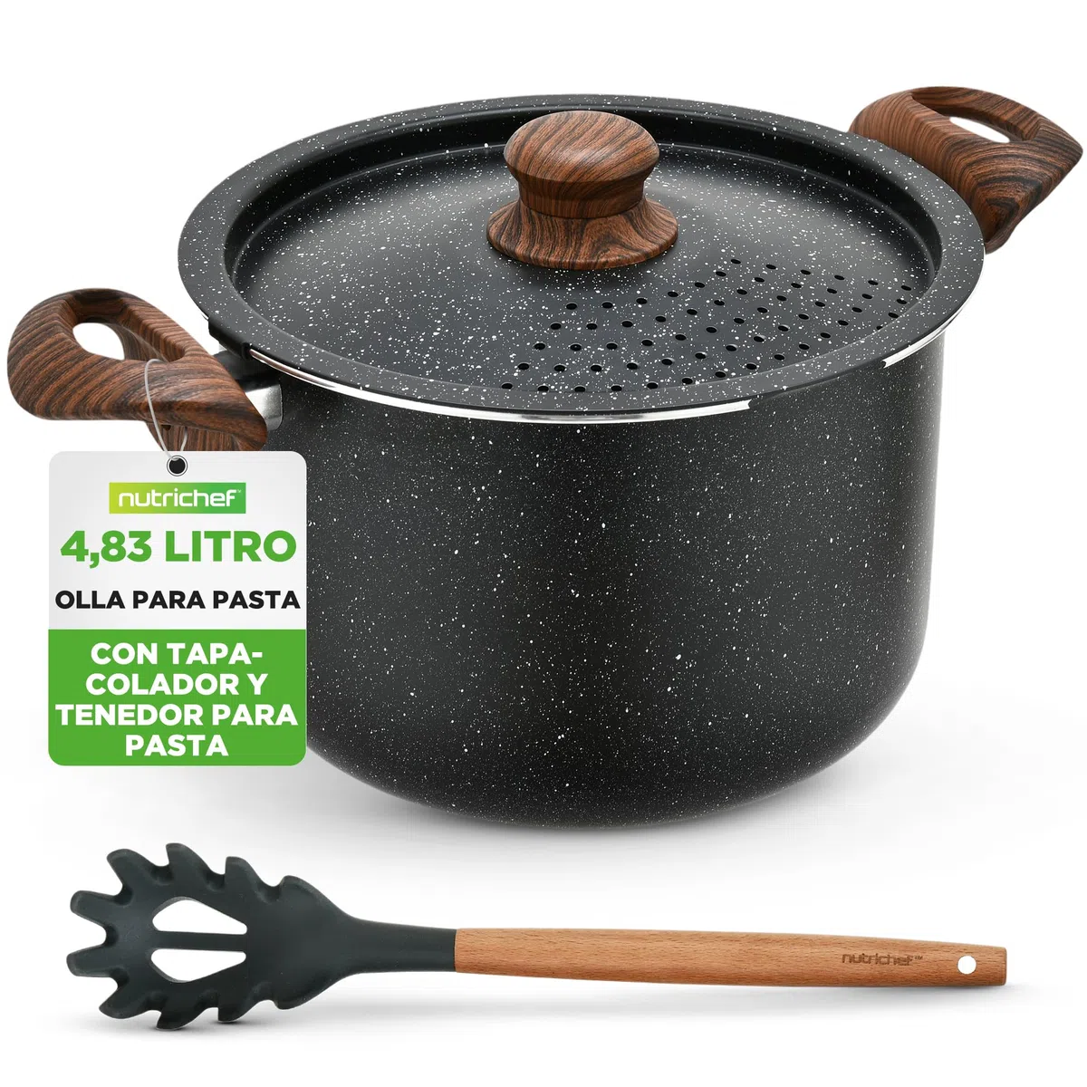 Nutrichef Olla para pasta con tapa coladora, 4.8L, Tenedor incluido, Antiadherente, Mangos resistentes al calor, Facil de limpiar