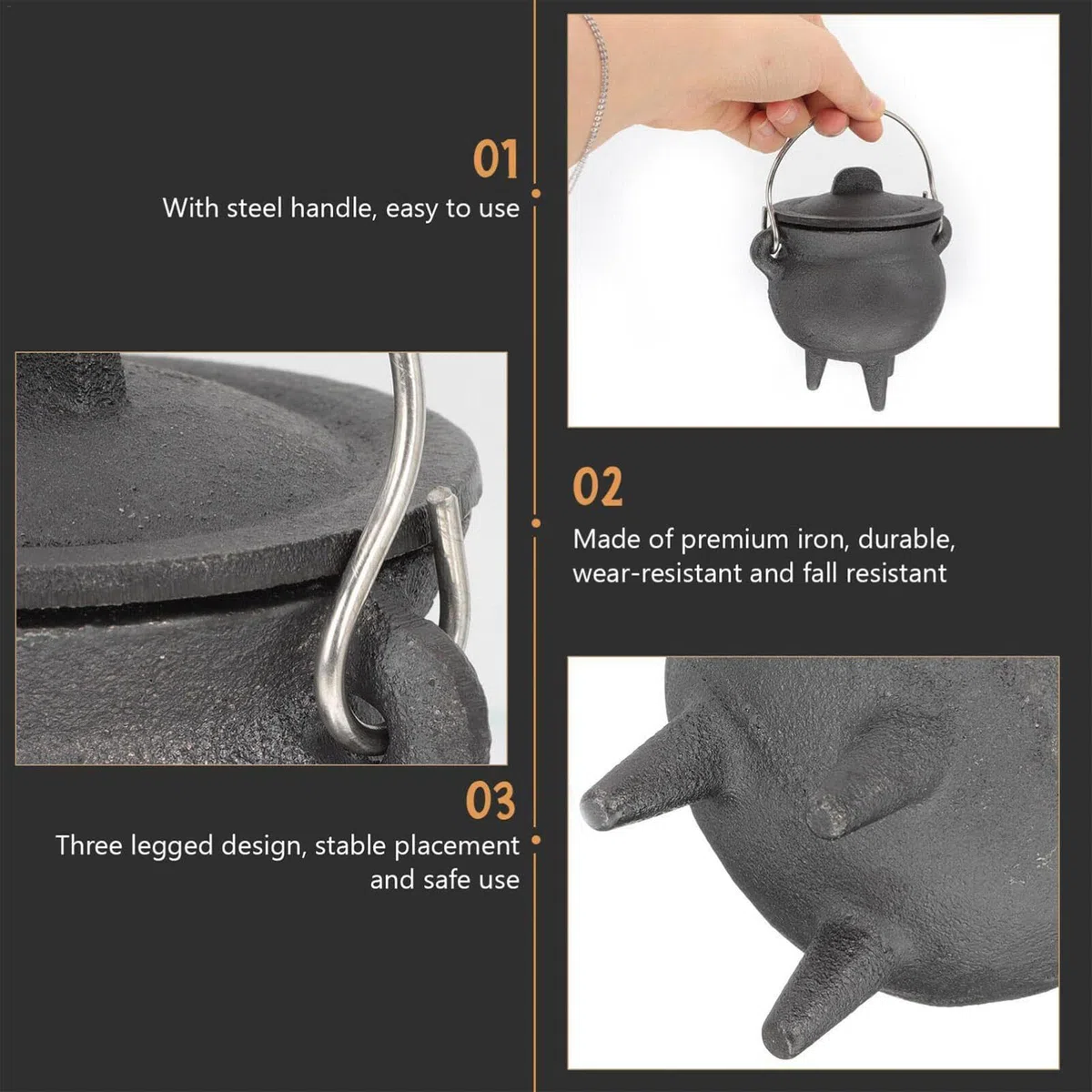 Caldero De Halloween – Caldero De Hierro Fundido con Tapa Y Mango, Hervidor De Caldero Negro, Olla Grande De Poción Espeluznante para Fiesta, Caldero De Bruja Decorativo Negro, Decoracio
