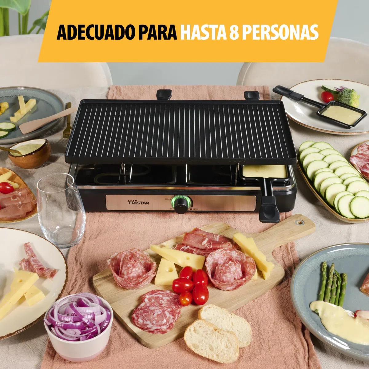 Tristar RA-2748 Raclette multifuncional 3 en 1; Raclette, piedra de cocción, grill, plancha/teppanyaki, Para 8 personas con 8 sartenes de raclette incluidas, 1400 W