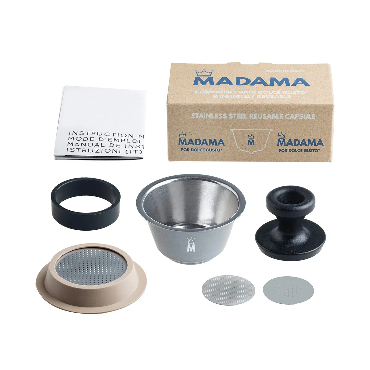 Madama - Cápsulas recargables y reutilizables compatibles con Dolce Gusto. Acero inoxidable y silicona apta para alimentos. 100% fabricado en Italia. Paquete de una cápsula