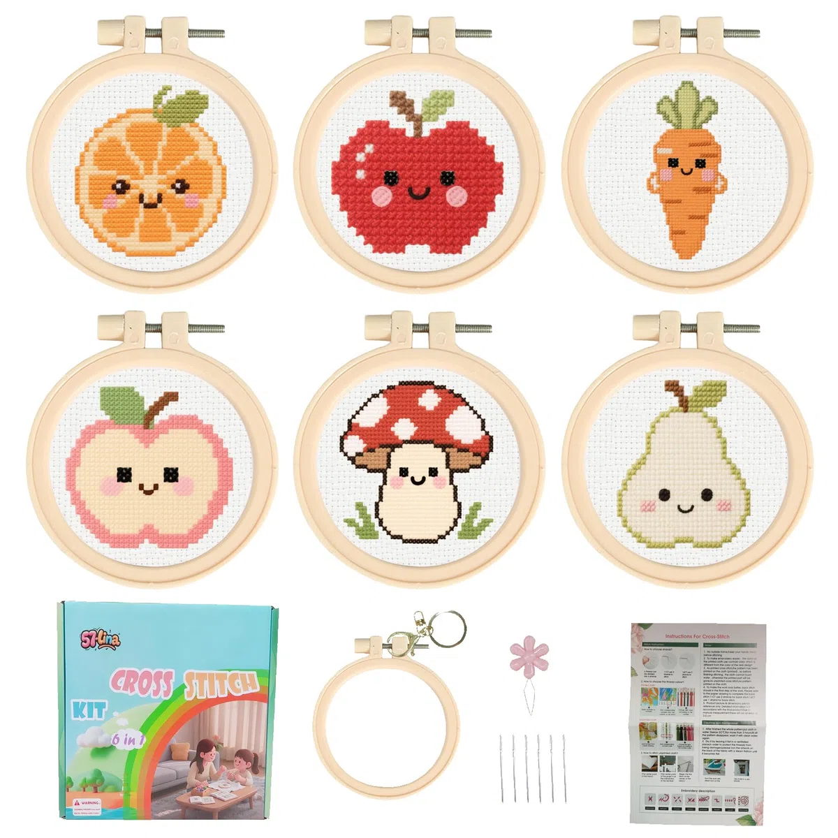 57lilina Kit Punto de Cruz Niños Completo con Hilos y Tela Impresa, 6 Set | Cross Stitch Embroidery Bordado Niños Principiantes Inicio Fáciles, Manualidades Originales Divertidos DIY para Regalo Niñas