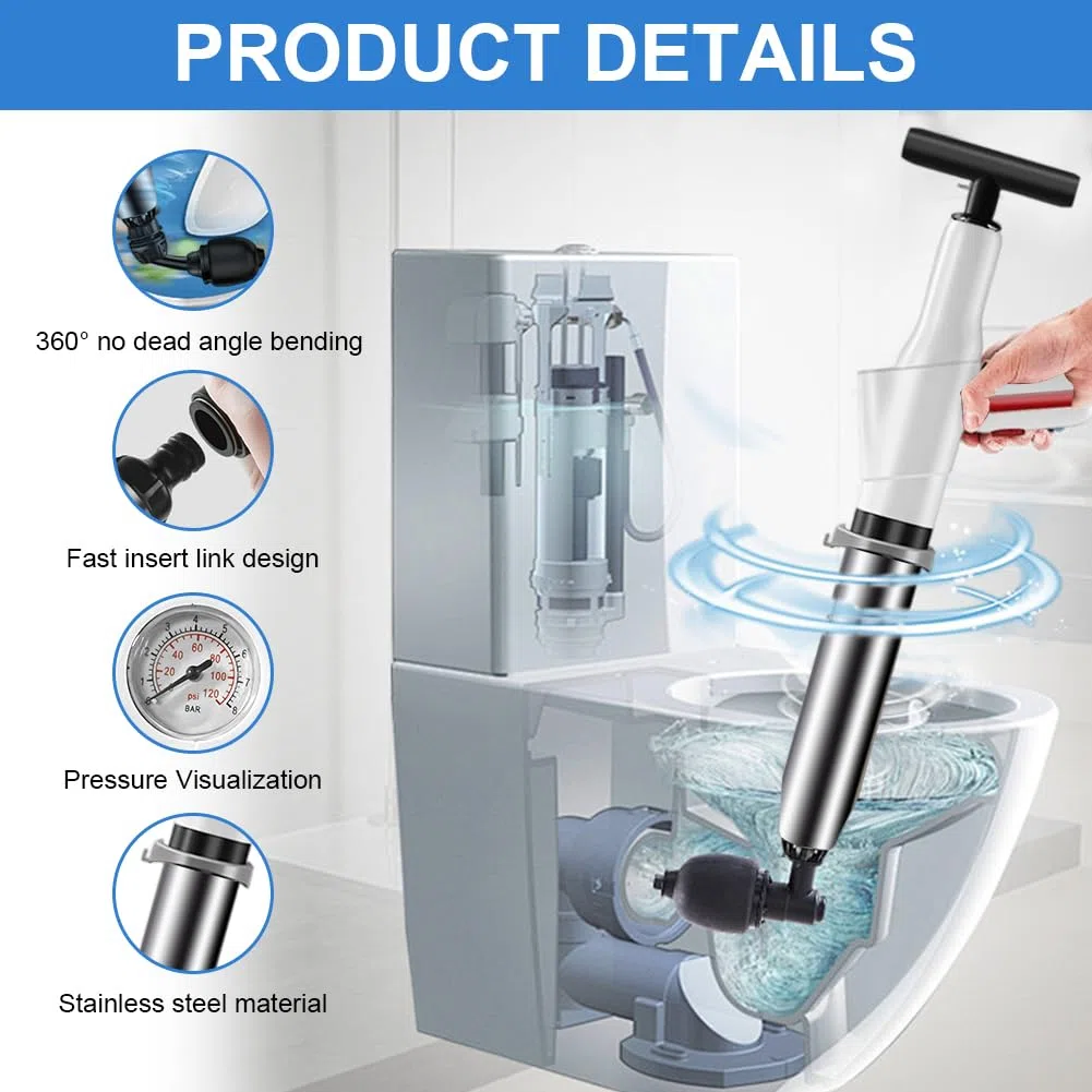 Juego de desatascadores de alta presión, bomba de alta presión con indicador de presión de aire, bomba de aire comprimido con 4 accesorios, limpiador universal de tuberías para inodoro, lavabo y ducha