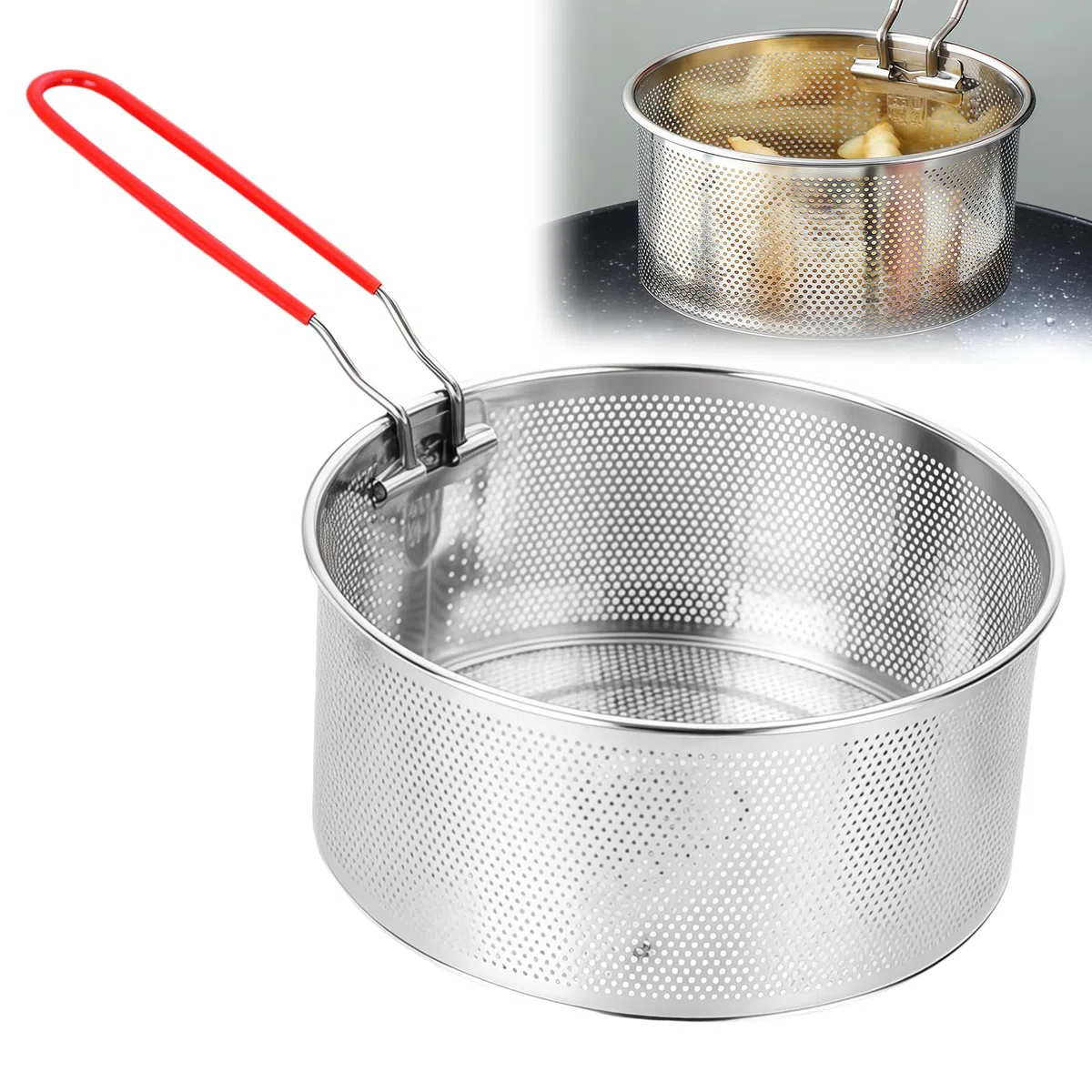 Cesta para freír de acero inoxidable para patatas fritas: cesta para freír con mango largo, cesta para freír, cucharón de alambre, espumador para ollas, redondas, cesta colador para cocinas y