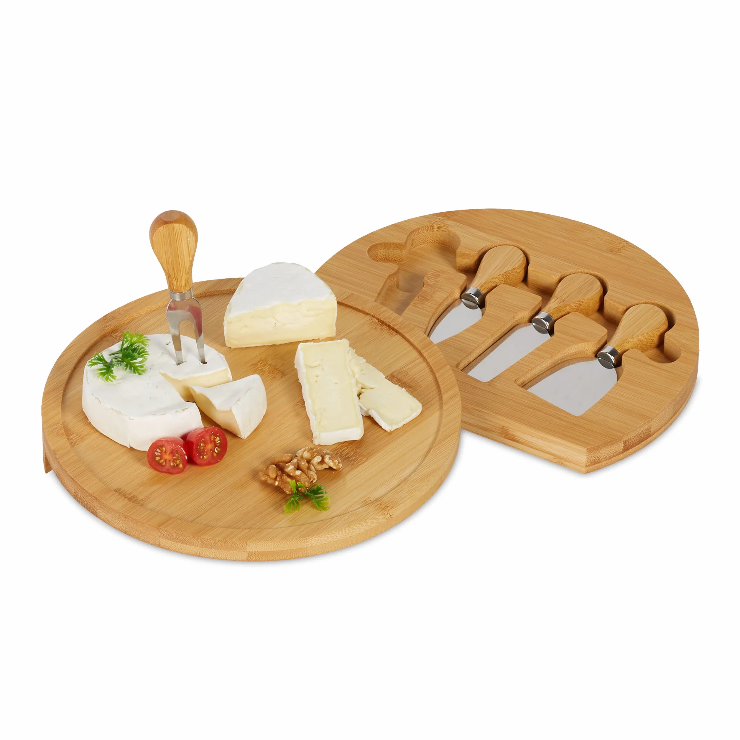 Relaxdays Tabla de Quesos Redonda con 4 Cubiertos, 4 x 25 cm, Bandeja Embutidos y Aperitivos, Bambú, Giratoria, Natural