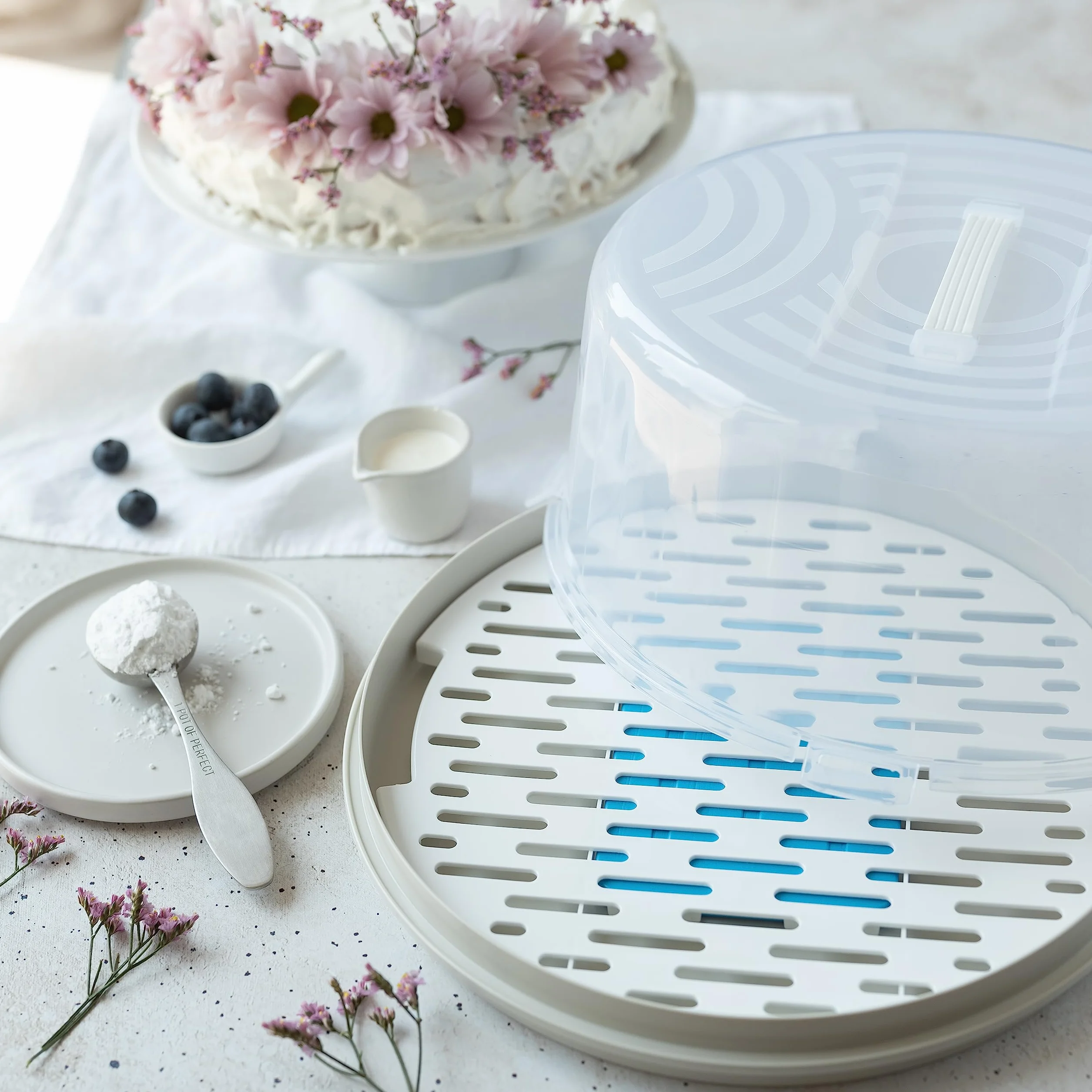 BranQ Home essential Tartera redonda con tapa alta, asa de transporte práctica y enfriamiento, plástico (PP), sin BPA, color crema/transparente, 334 x 156 mm