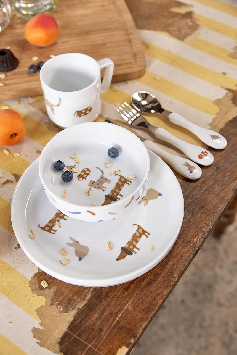 LÄSSIG juego de vajilla de porcelana para niños, plato, cuenco, taza con anillo de silicona, vajilla infantil antideslizante/Little Mateys royal blue
