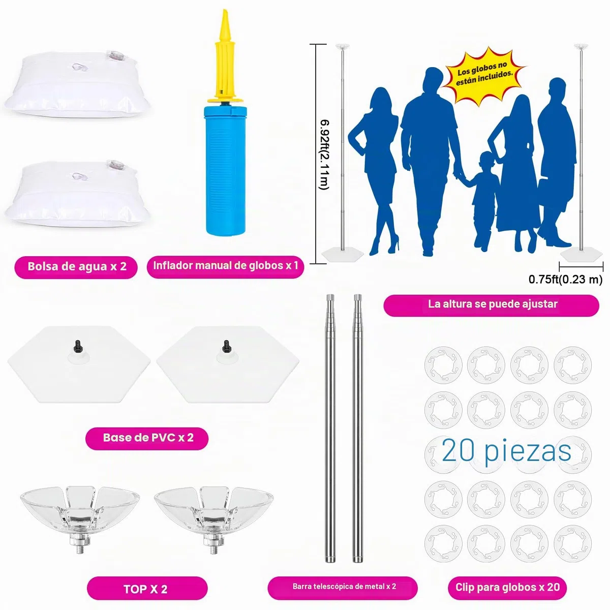 2 Sets Ajustable Soporte para Globos Kit y Globo Bomba, Metal 2.7 metros Soporte Globos, Arco para Globos Reutilizable, Globo Torre Decoraciones para Baby Shower Graduación Cumpleaños Fiesta de Bodas