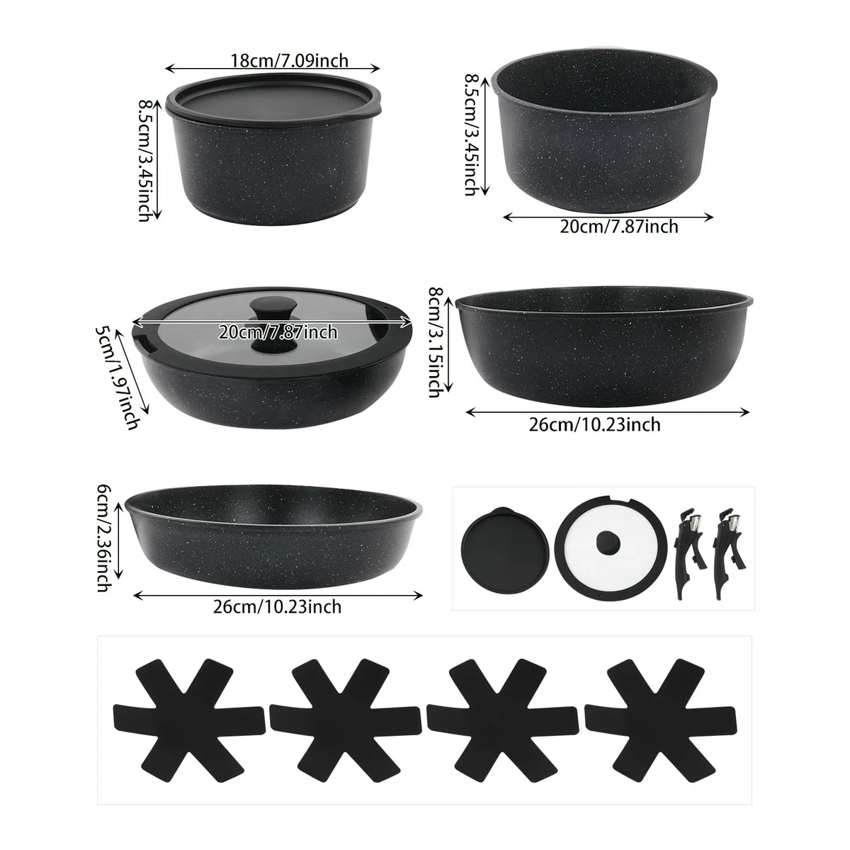 Juego de utensilios de cocina de 15 piezas, antiadherente, juego de ollas y sartenes versátiles con mango extraíble, ollas y sartenes portátiles para cocina (negro)