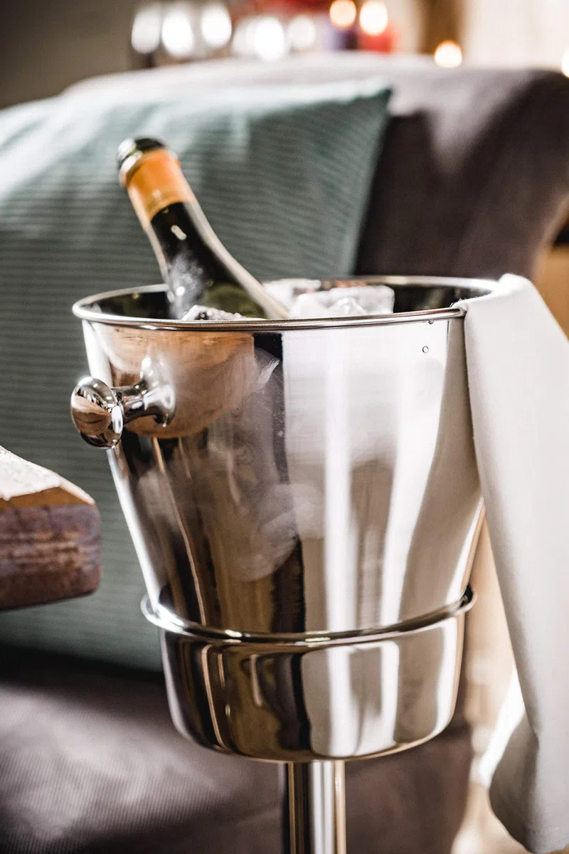 Enfriador de champán sobre pie, enfriador de vino con soporte, enfriador de botellas de acero inoxidable plateado, enfriador para champán, vino y champán, XXL, 80 cm